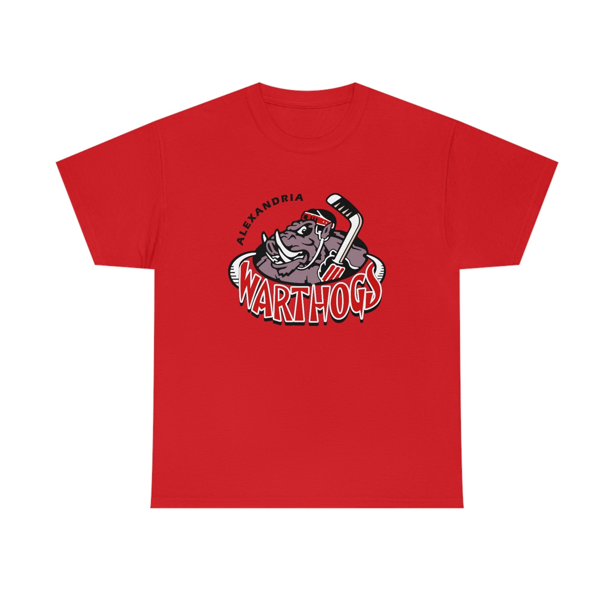 CLEARANCE Alexandria Warthogs T-Shirt in red with the warthog with a stick over red script lettering on the front