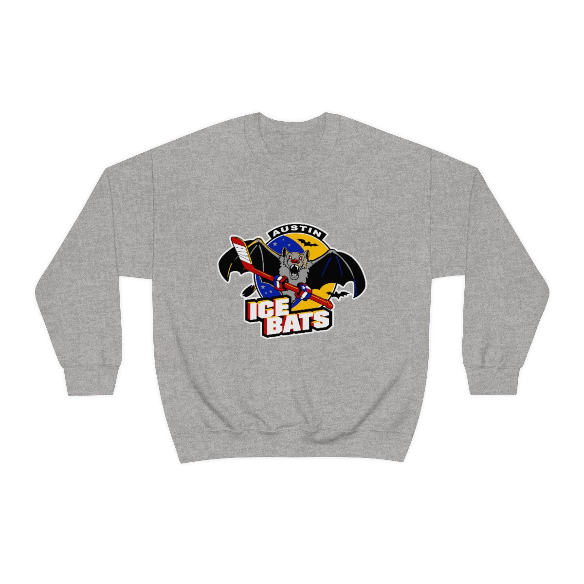 CLEARANCE Austin Ice Bats Crewneck Sweatshirt in sport grey with the bat mascot with a stick in a shield on the front