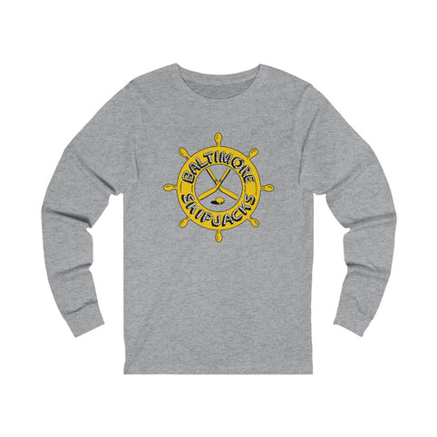 Baltimore Skipjacks 1982 Long Sleeve Shirt with the yellow ship's wheel with crossed sticks on the front, view 2