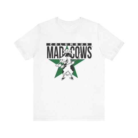 Columbus Mad Cows T-Shirt (Premium Lightweight) in white with the cartoon cow skater on a green star on the front