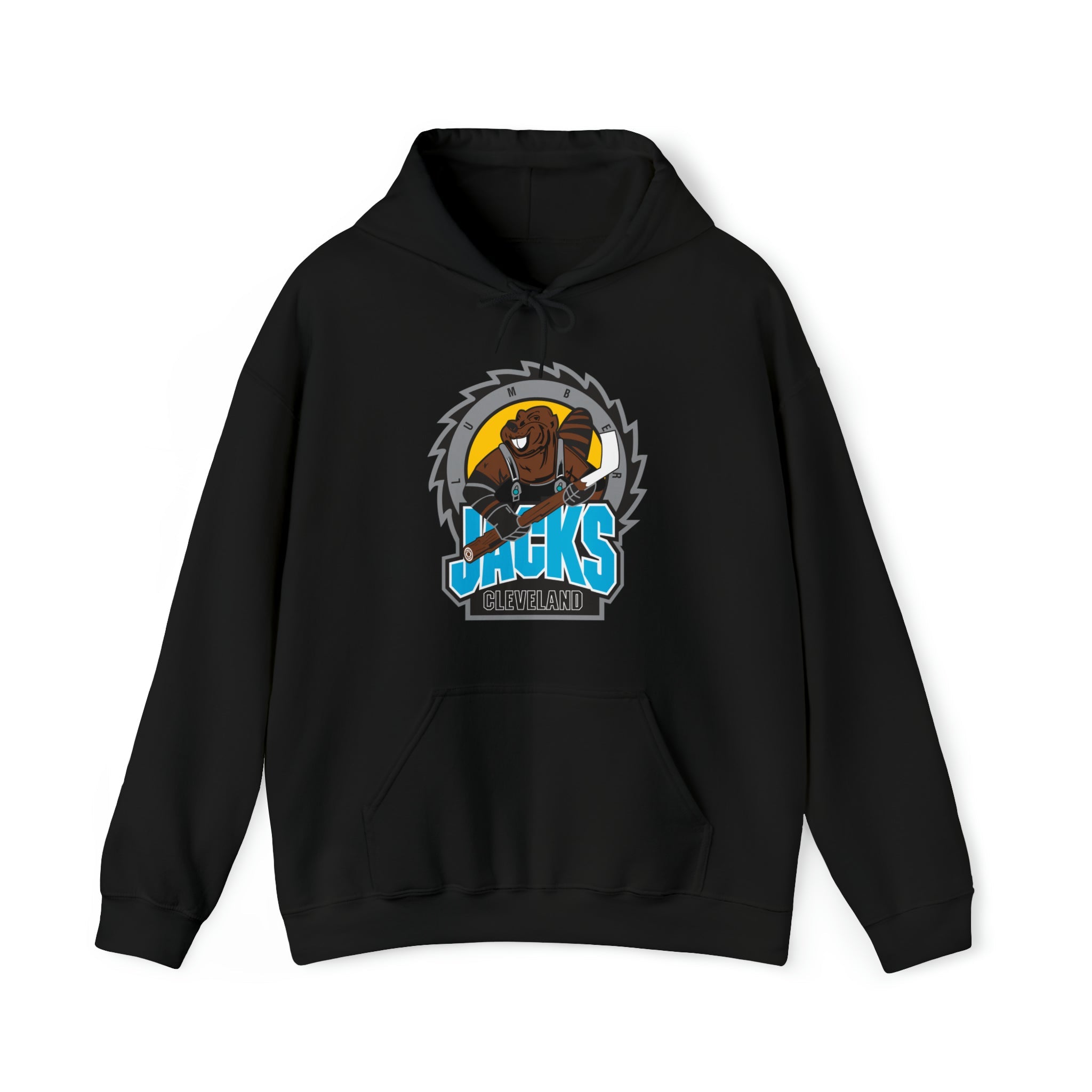 CLEARANCE Cleveland Lumberjacks Hoodie Late 90s in black with the bison in a saw blade over teal lettering on the front