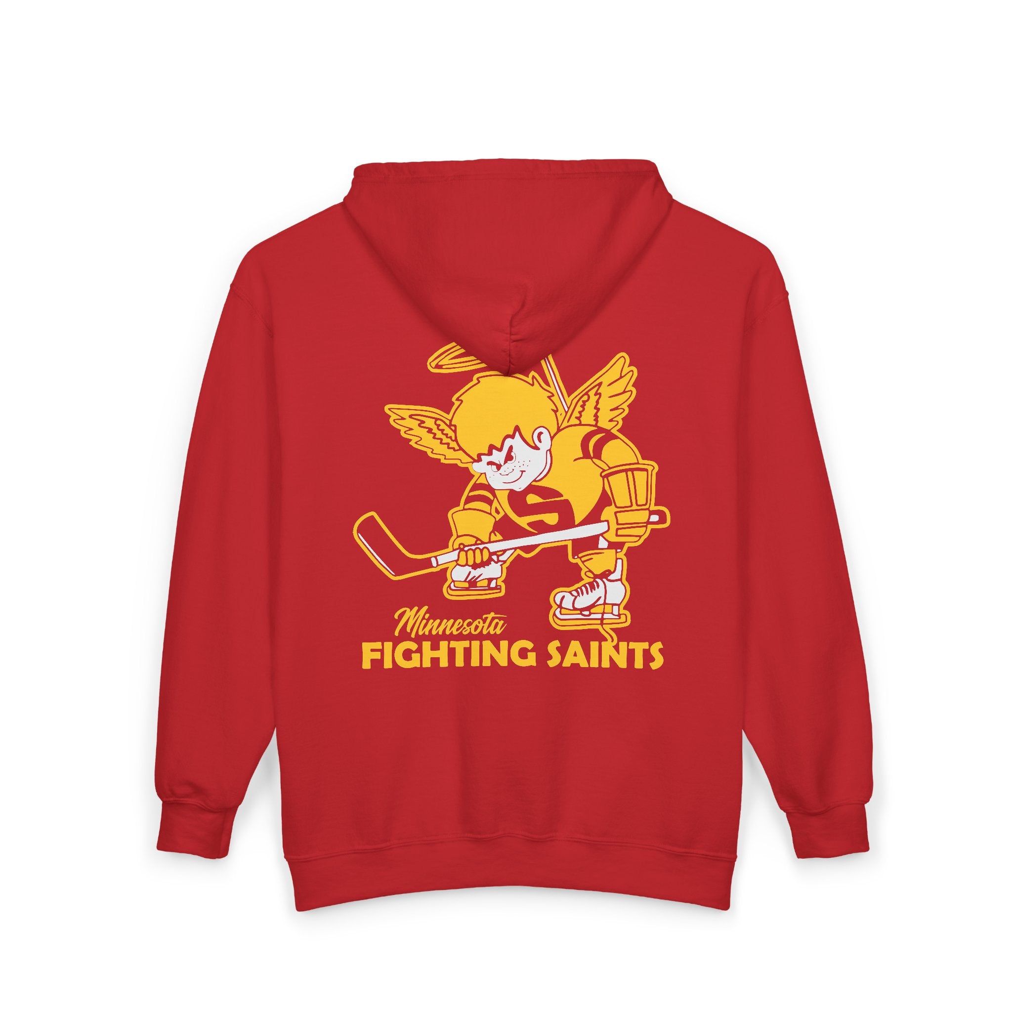 Minnesota Fighting Saints Hoodie (Zip) in red, back view with the gold haloed angel skater with a stick
