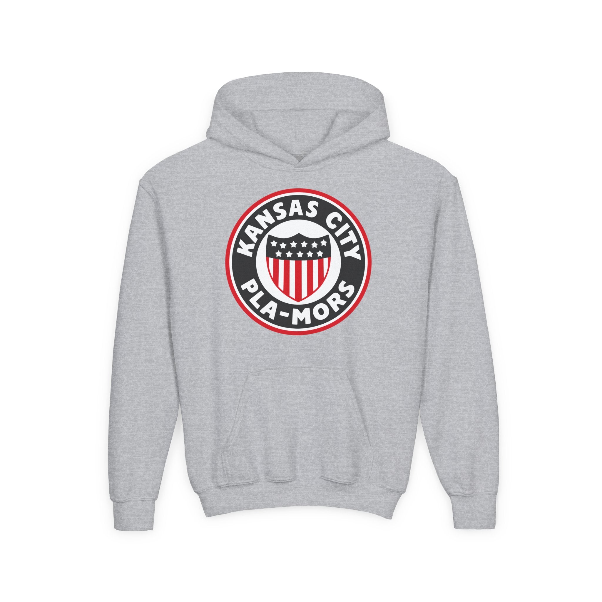 Kansas City Pla-Mors Hoodie (Youth) in sport grey with the round logo with a stars-and-stripes shield on the front