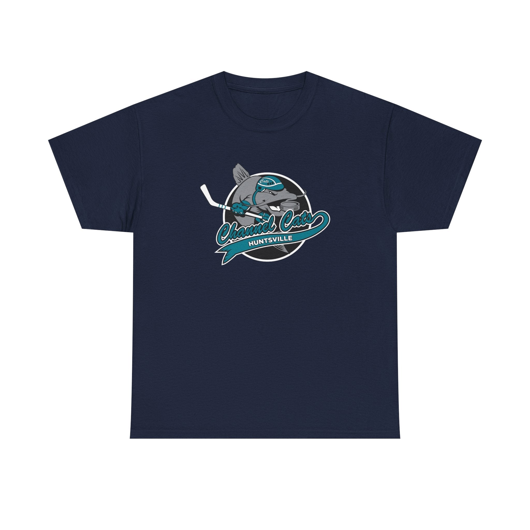 CLEARANCE Huntsville Channel Cats T-Shirt in navy with the grey catfish with a stick over teal script on the front