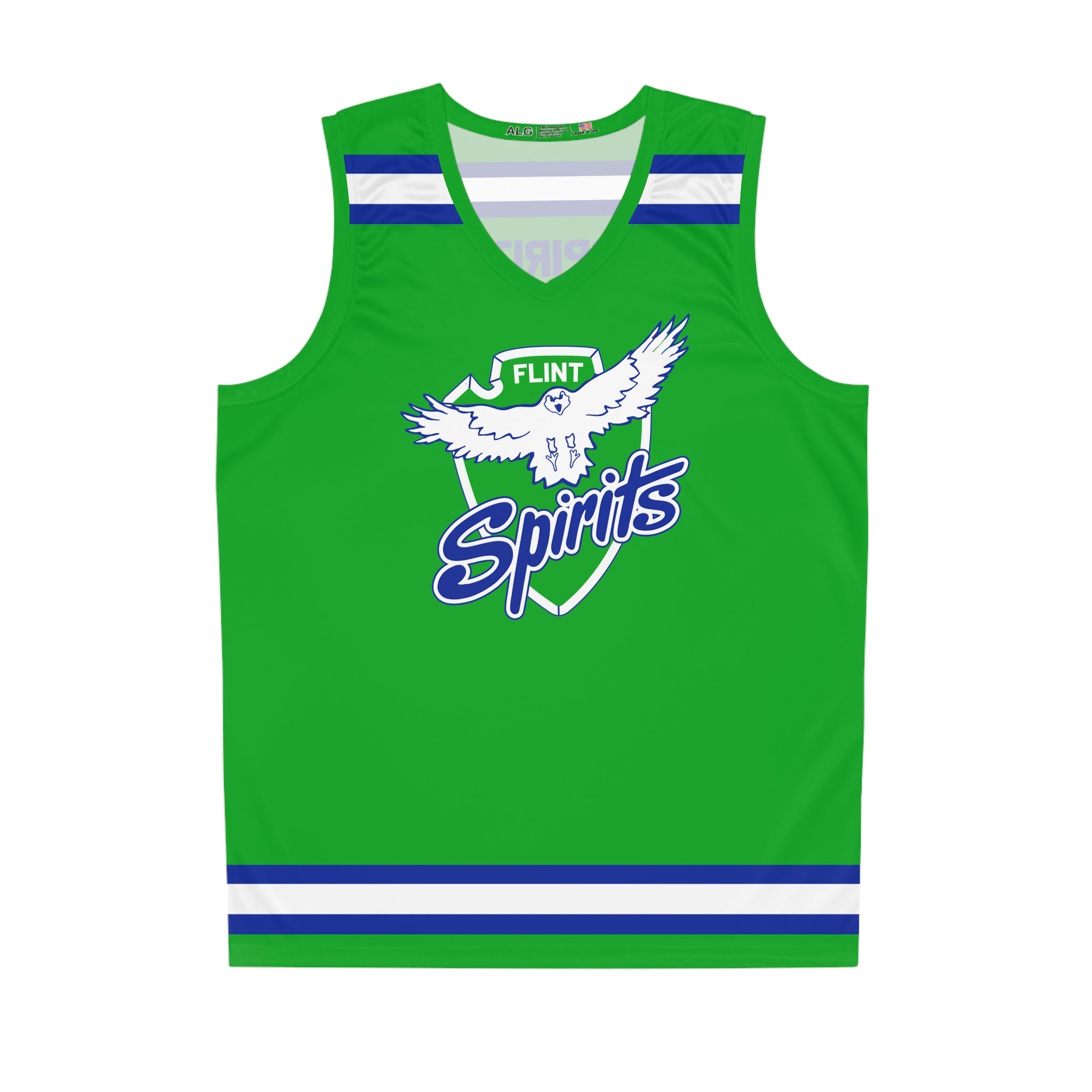 CLEARANCE Flint Spirits Tank Top in green with the white owl over blue script with blue stripes on the front