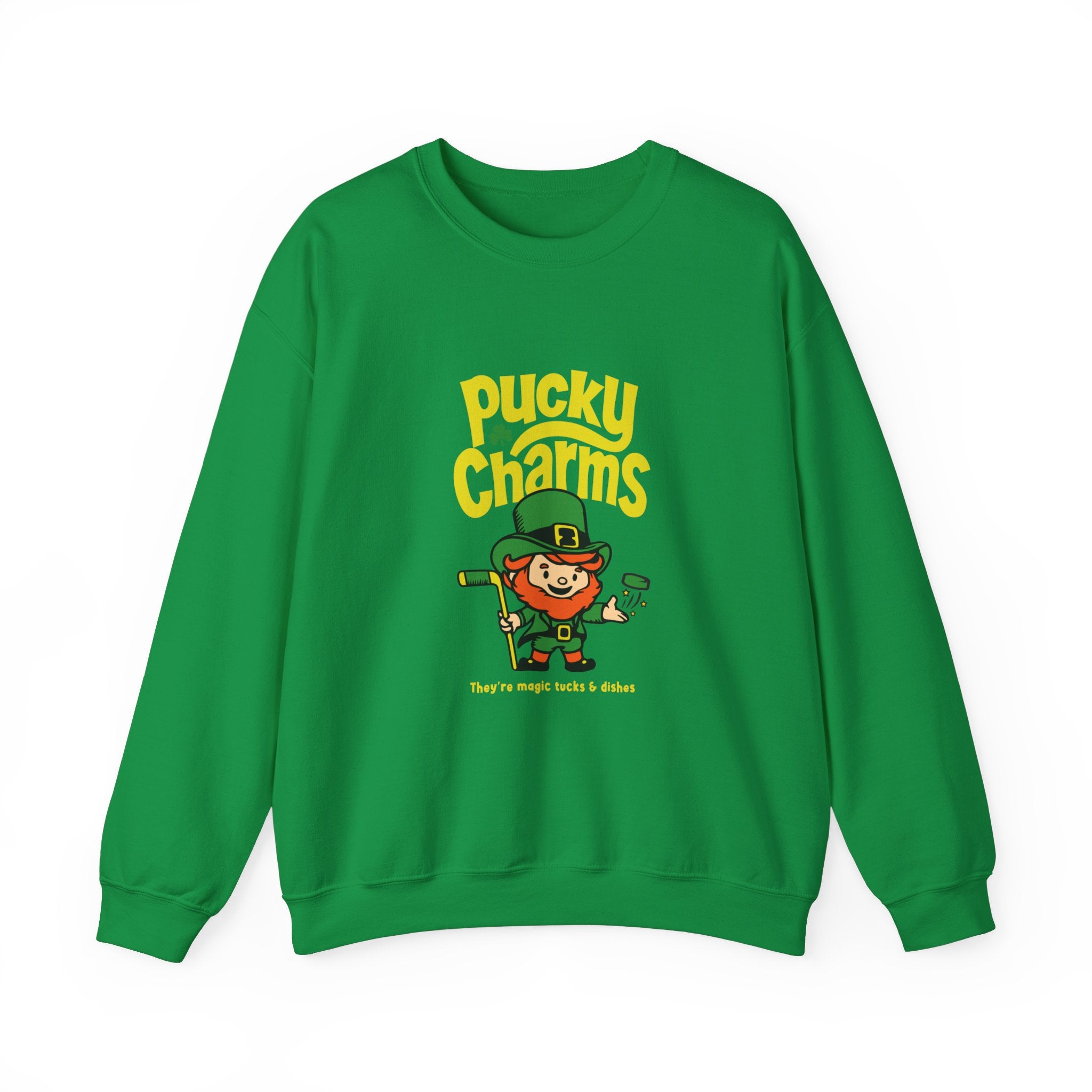 Pucky Charms Crewneck Sweatshirt in irish green with the cartoon leprechaun with a stick and yellow lettering on the front