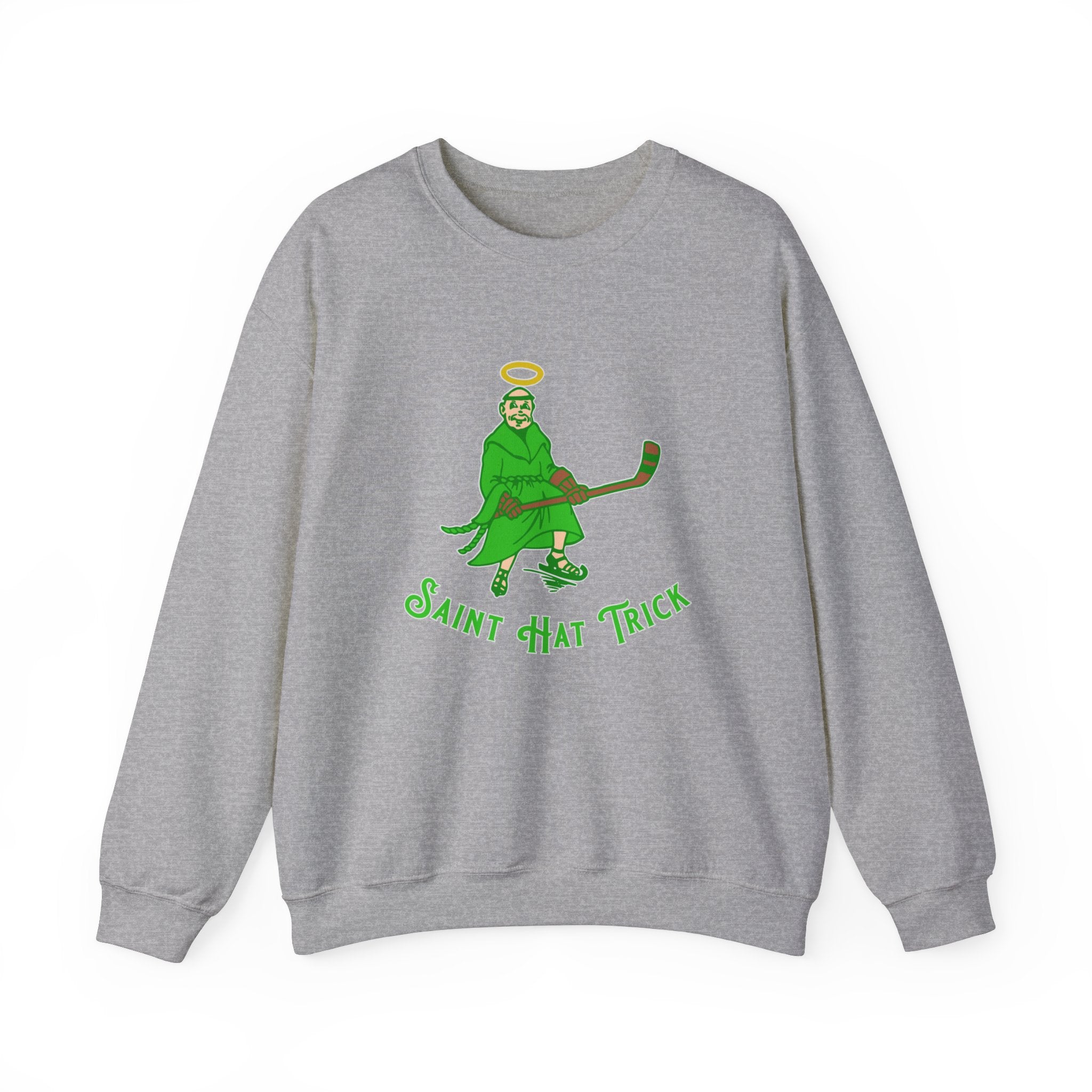 Saint Hat Trick Crewneck Sweatshirt in sport grey with the haloed monk skater in green with script on the front