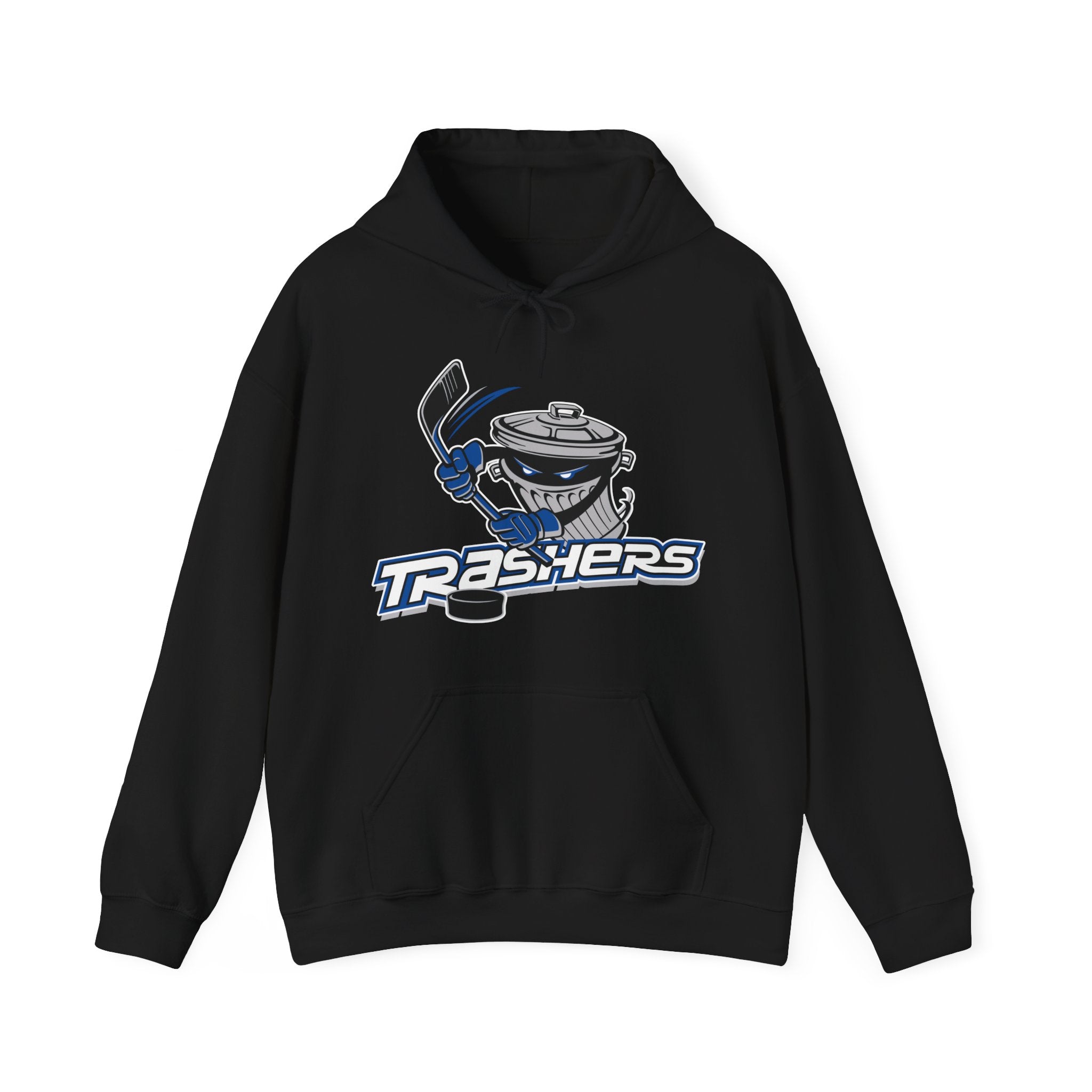 CLEARANCE Danbury Trashers Logo Hoodie (Misprint) in black with the trash can mascot holding a stick over lettering on the front