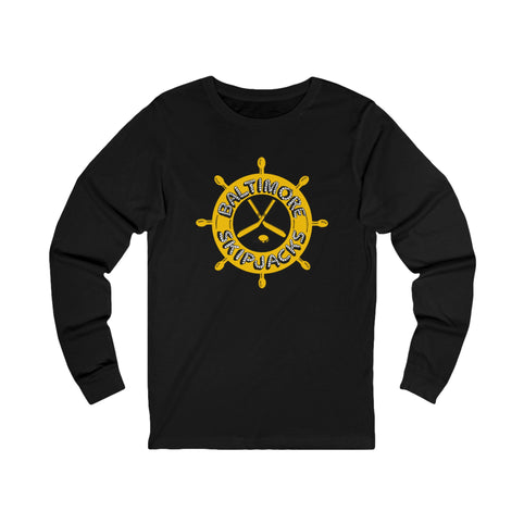 Baltimore Skipjacks 1982 Long Sleeve Shirt in black with the yellow ship's wheel with crossed sticks on the front