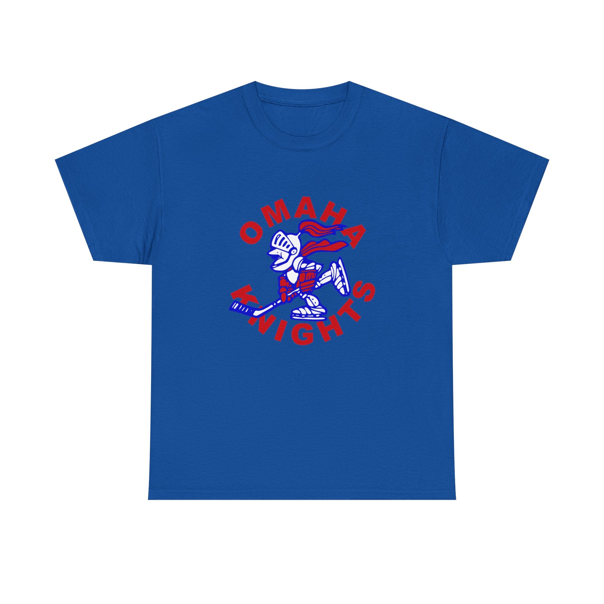 Omaha Knights 1960s T-Shirt in royal with the cartoon knight skater in blue with red lettering on the front