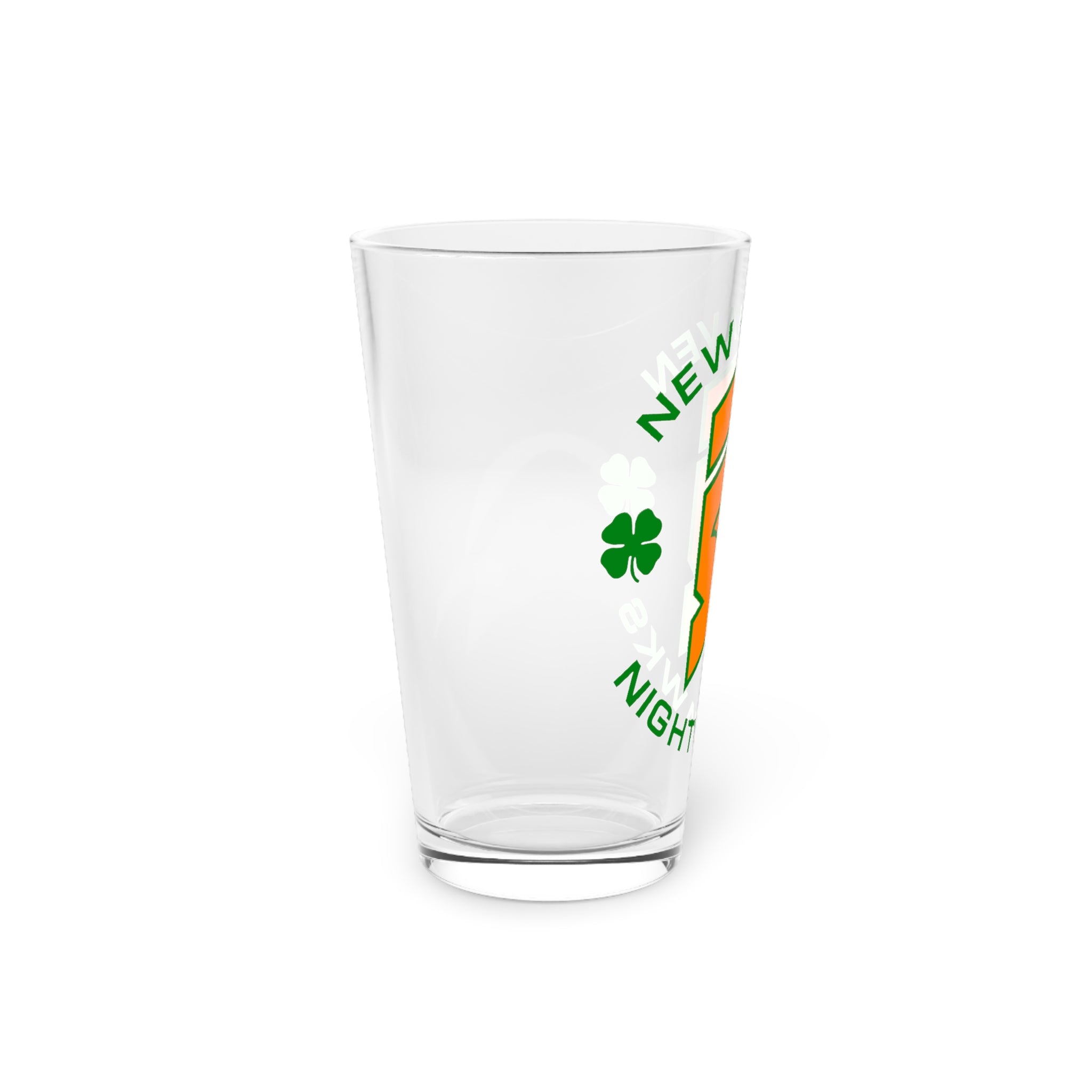 New Haven Nighthawks Irish Pint Glass with the orange hawk logo with green shamrocks, left side view