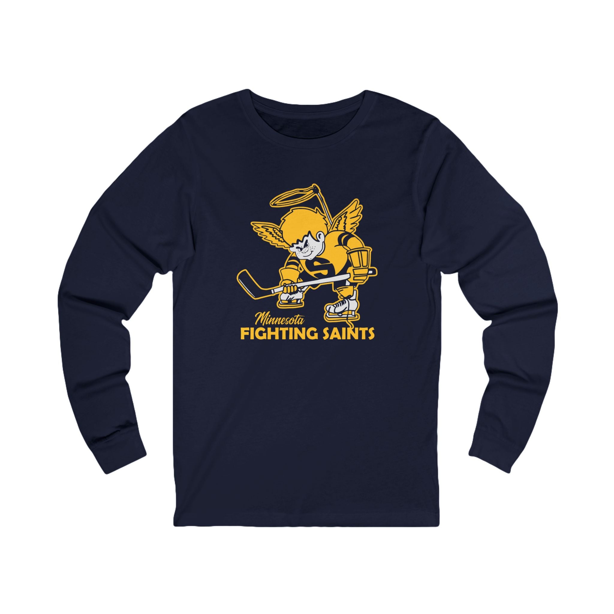 Minnesota Fighting Saints Long Sleeve Shirt in navy with the gold haloed angel skater with a stick on the front