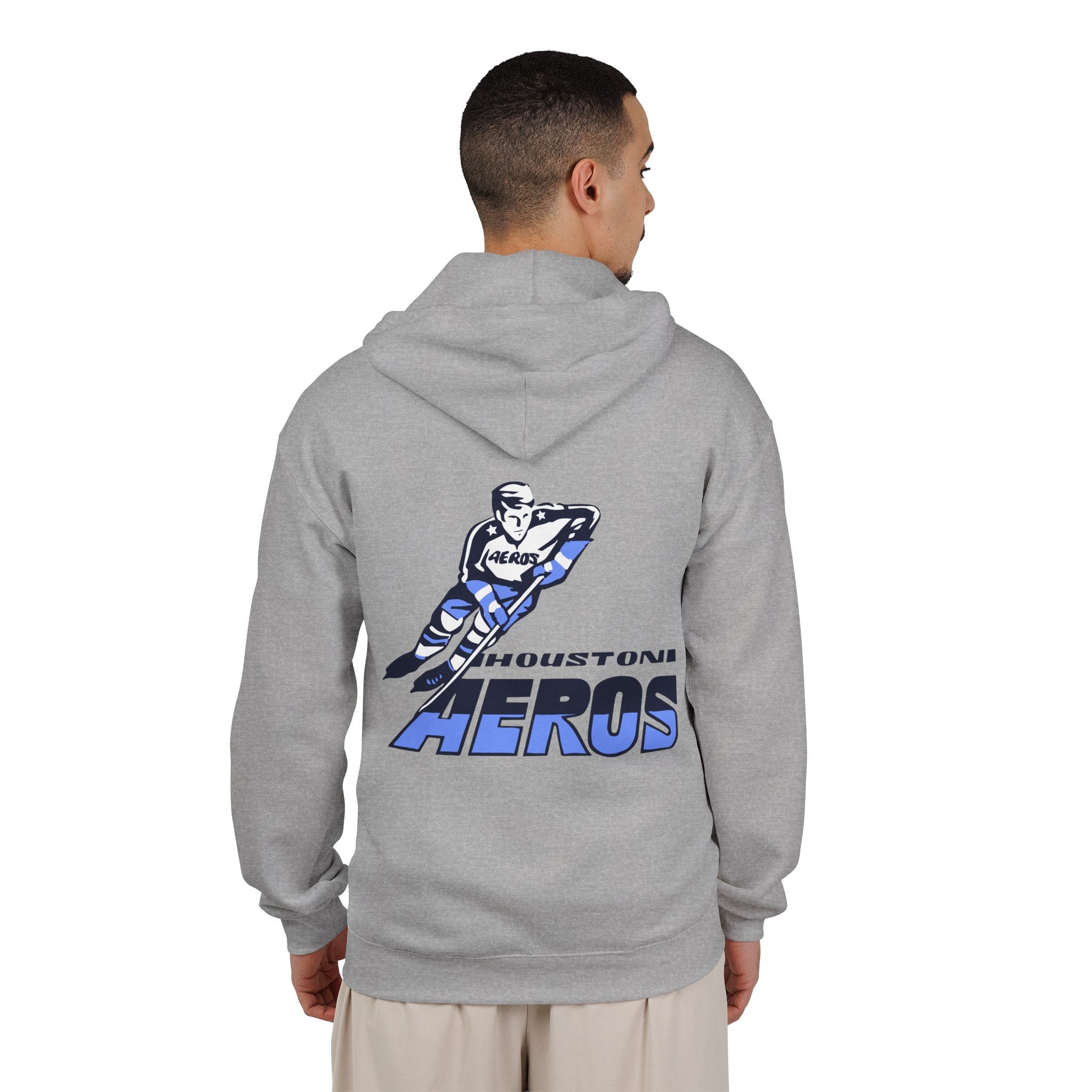 Houston Aeros 1970s Hoodie (Zip) in sport grey, worn by model, back with the skating player over blue slanted lettering