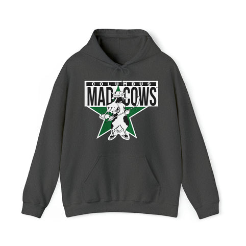 Columbus Mad Cows Hoodie in dark heather with the cartoon cow skater on a green star on the front