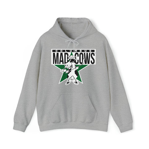 Columbus Mad Cows Hoodie in sport grey with the cartoon cow skater on a green star on the front