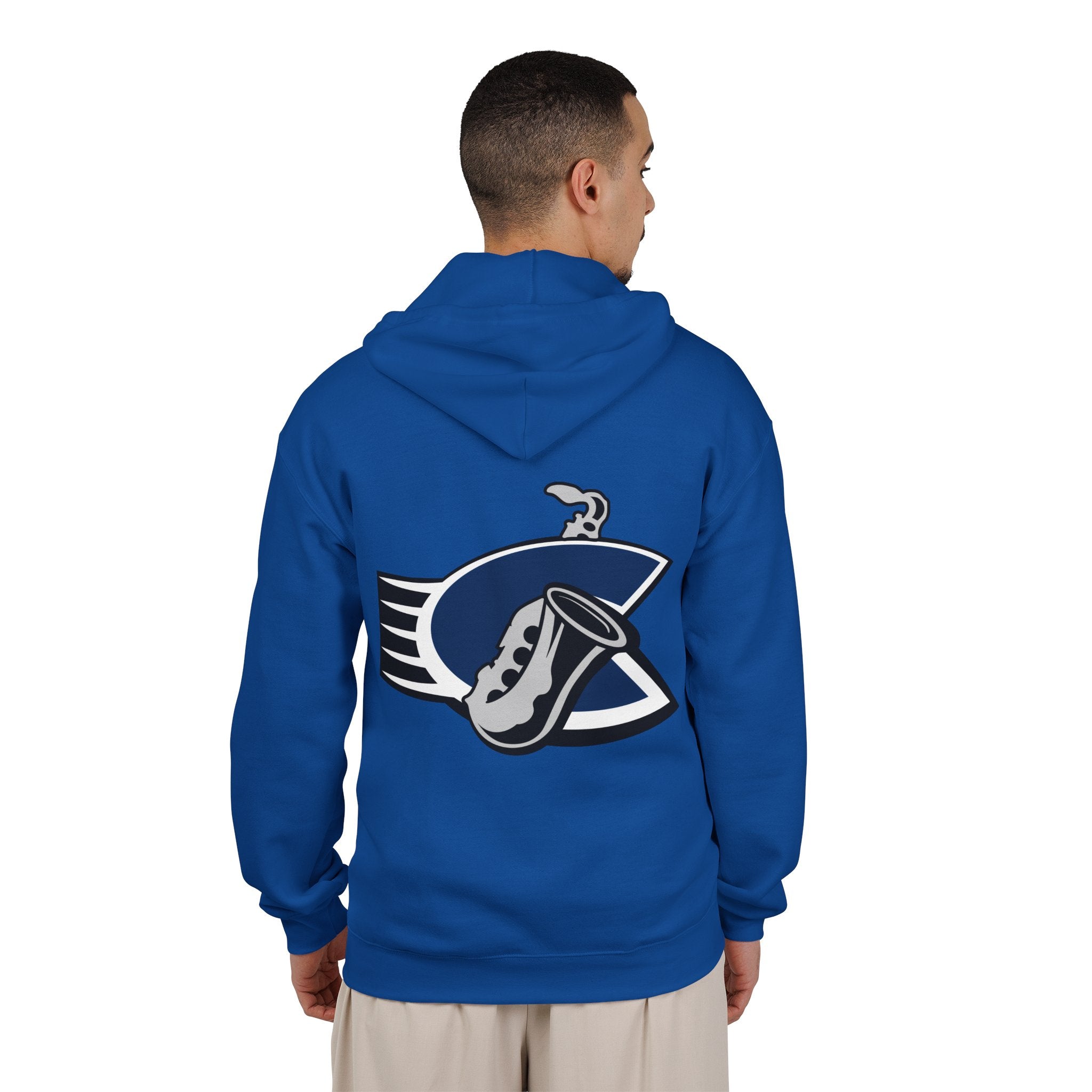 Chicago Bluesmen Hoodie (Zip) in royal, worn by model, back with the saxophone over a navy and black C logo