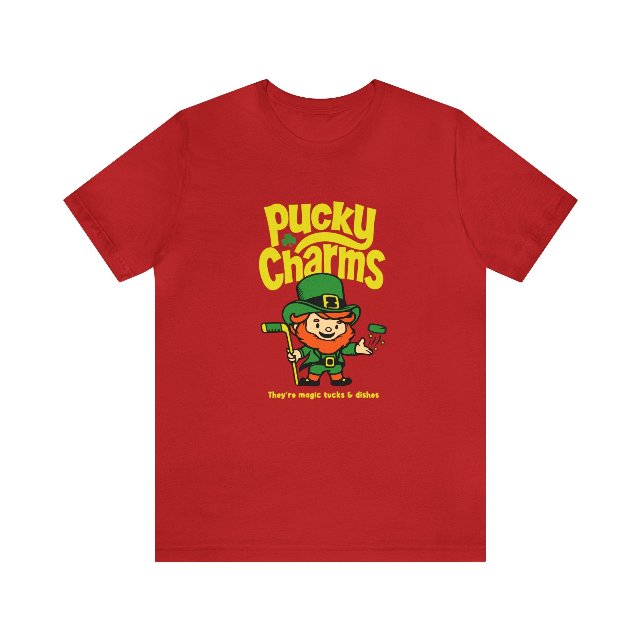 Pucky Charms T-Shirt (Premium Lightweight) in red with the cartoon leprechaun with a stick and yellow lettering on the front