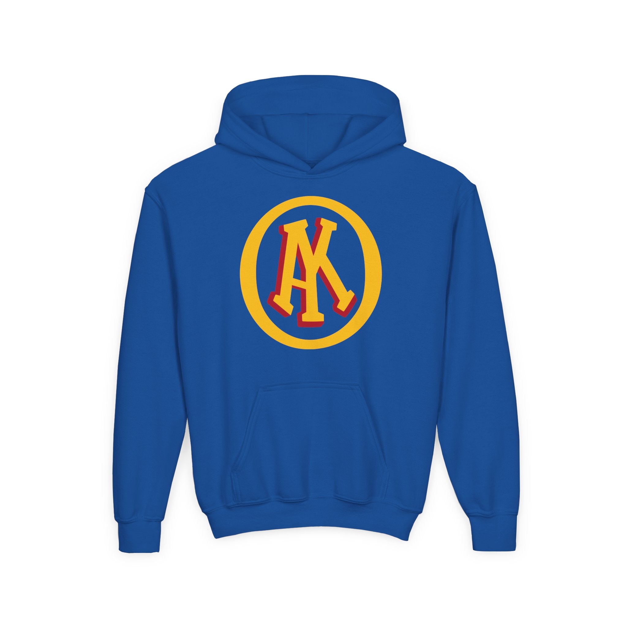 Omaha Knights 1940s Hoodie (Youth) in royal with the gold and red AK monogram in a gold ring on the front