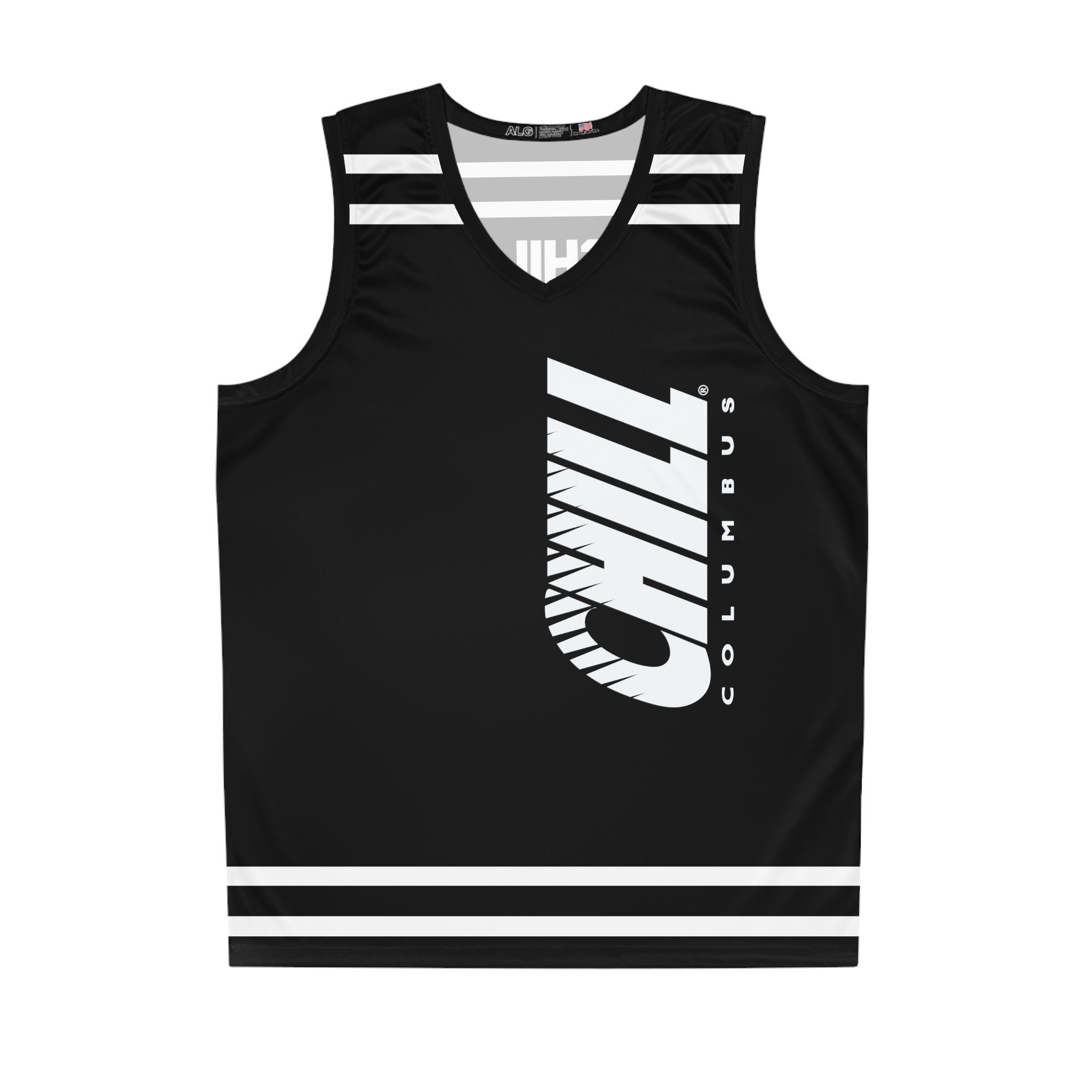 CLEARANCE Columbus Chill Black Tank Top in black with the vertical white italic wordmark with white stripes on the front