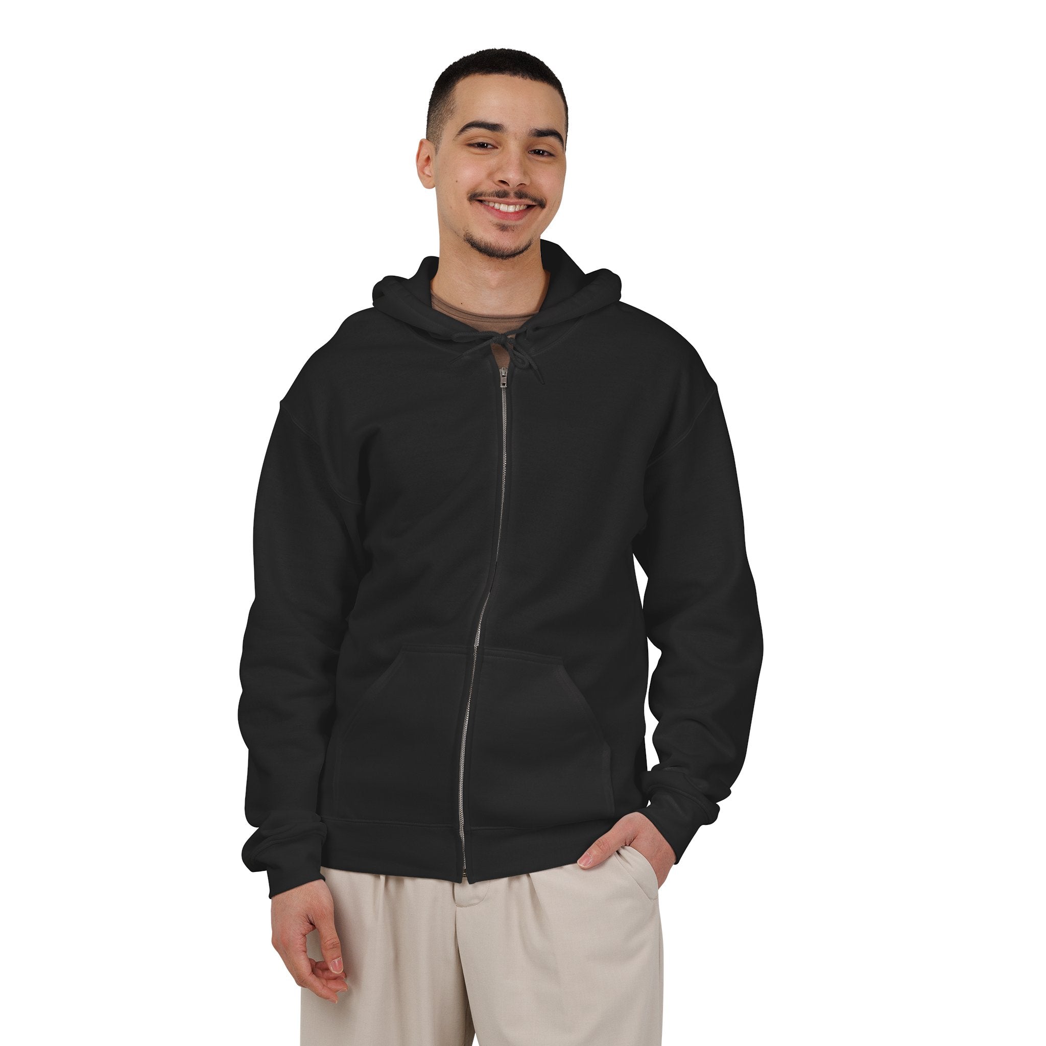 New Haven Nighthawks 1990s Hoodie (Zip) in black, worn by model, front, plain (design is on the back)