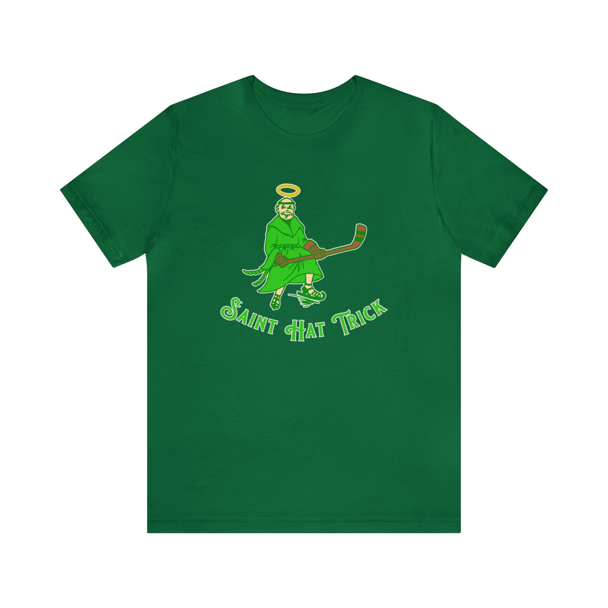 Saint Hat Trick T-Shirt (Premium Lightweight) in kelly with the haloed monk skater in green with script on the front