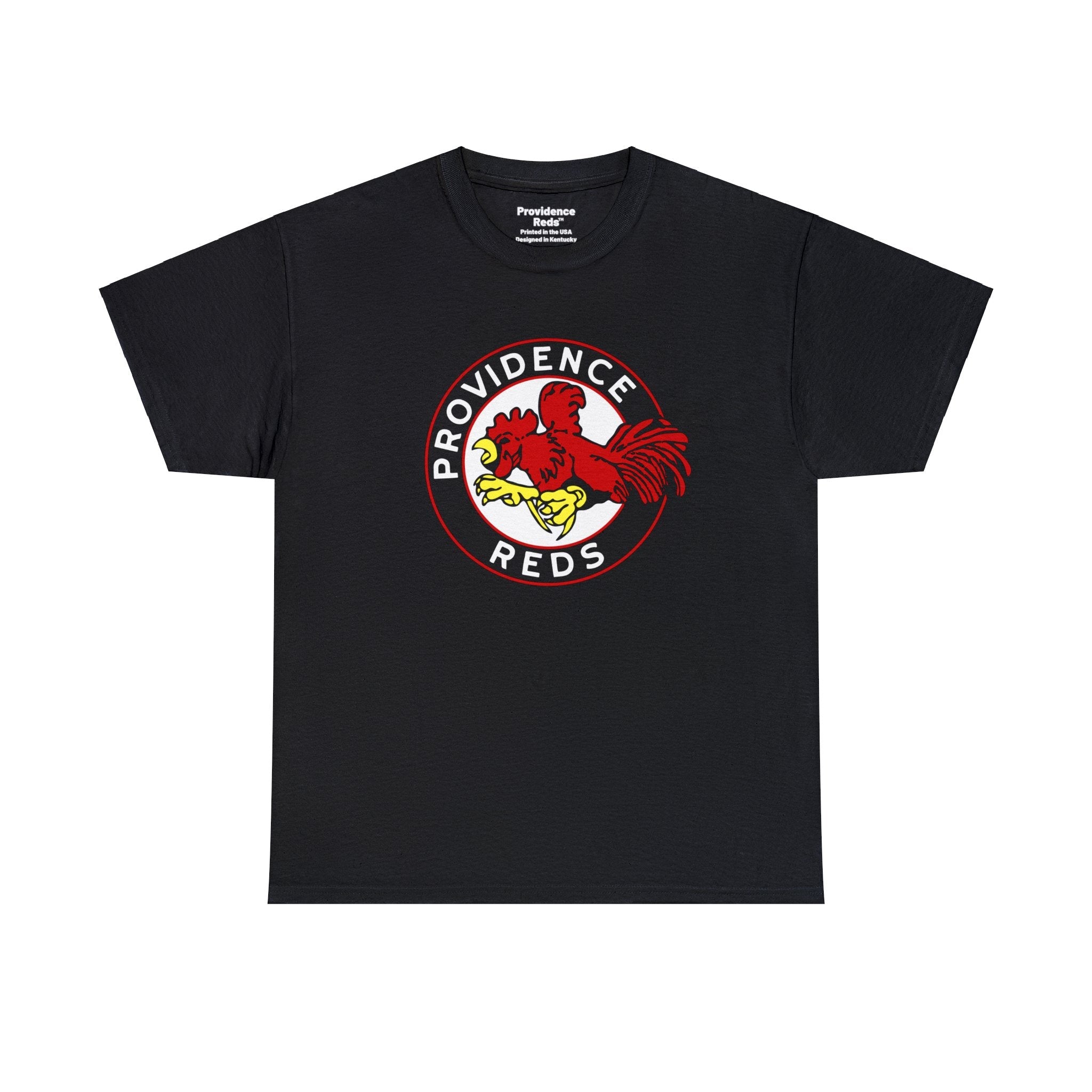 CLEARANCE Providence Reds T-Shirt in black with the red rooster in a round black and white badge on the front