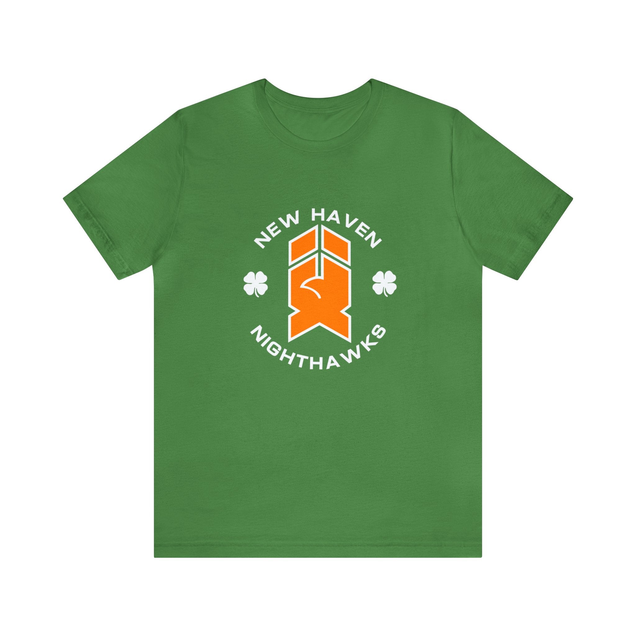 New Haven Nighthawks Irish T-Shirt (Premium Lightweight) in leaf with the orange hawk logo with white shamrocks on the front