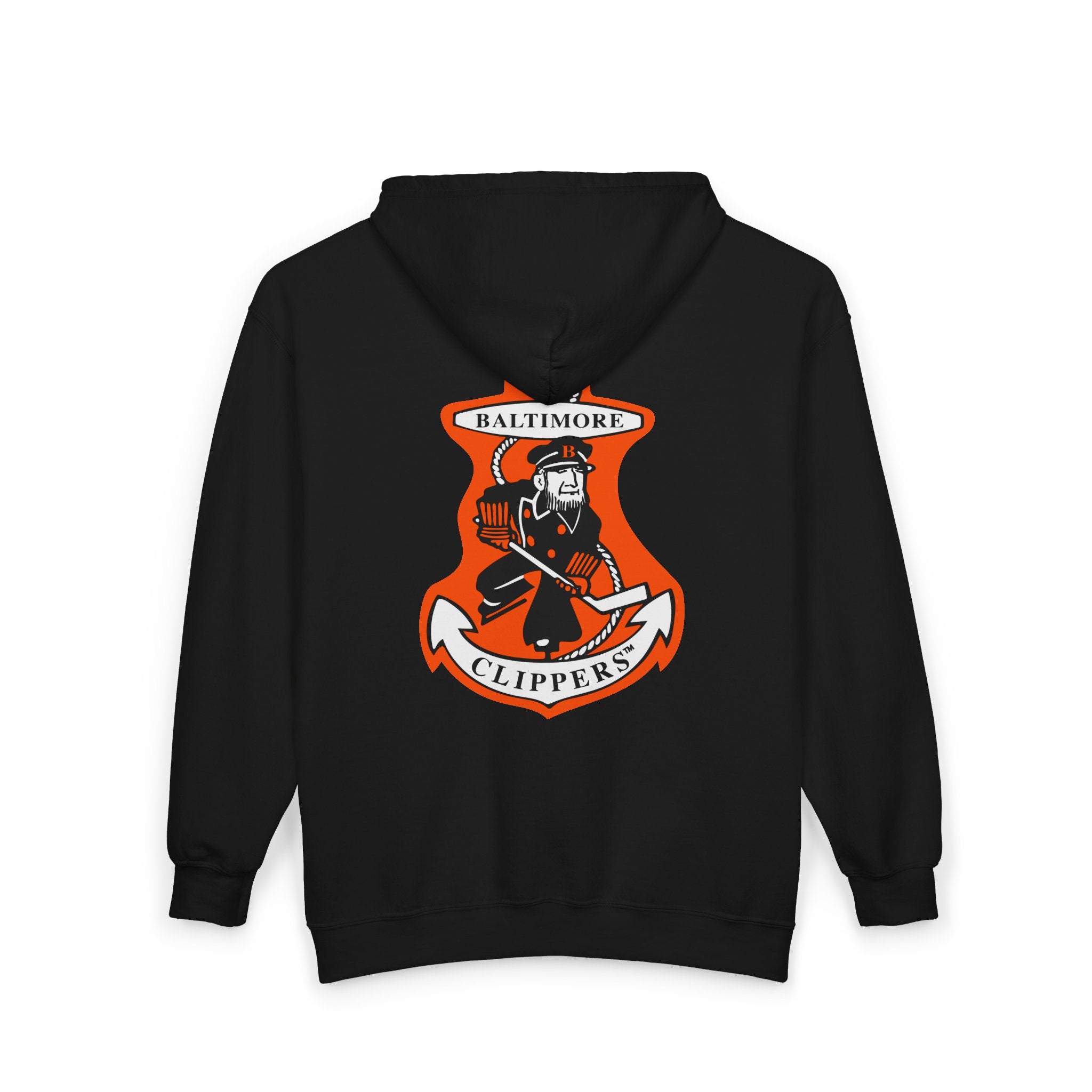 Baltimore Clippers Hoodie (Zip) in black, back view with the sea captain skater on an orange anchor crest