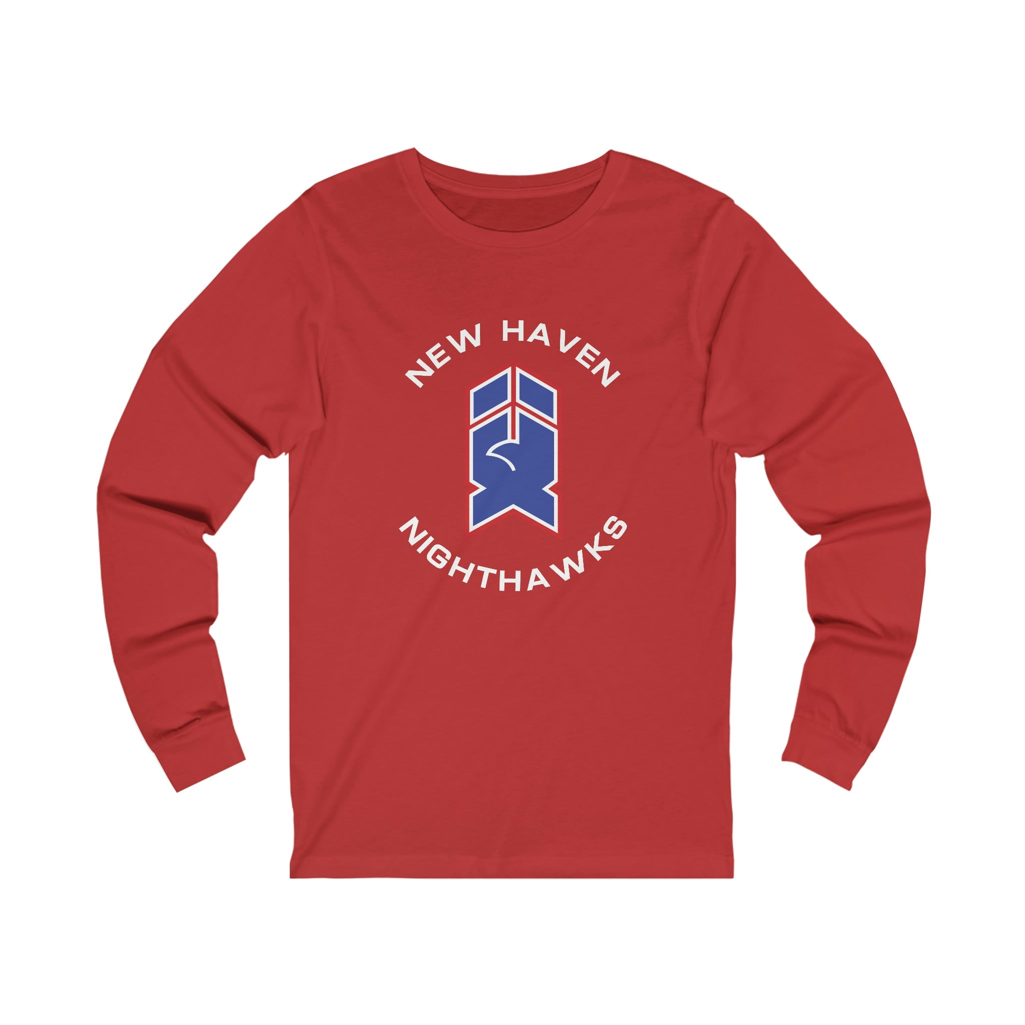 New Haven Nighthawks 1980s Long Sleeve Shirt with the blue and red hawk-head emblem with arched lettering on the front, view 7