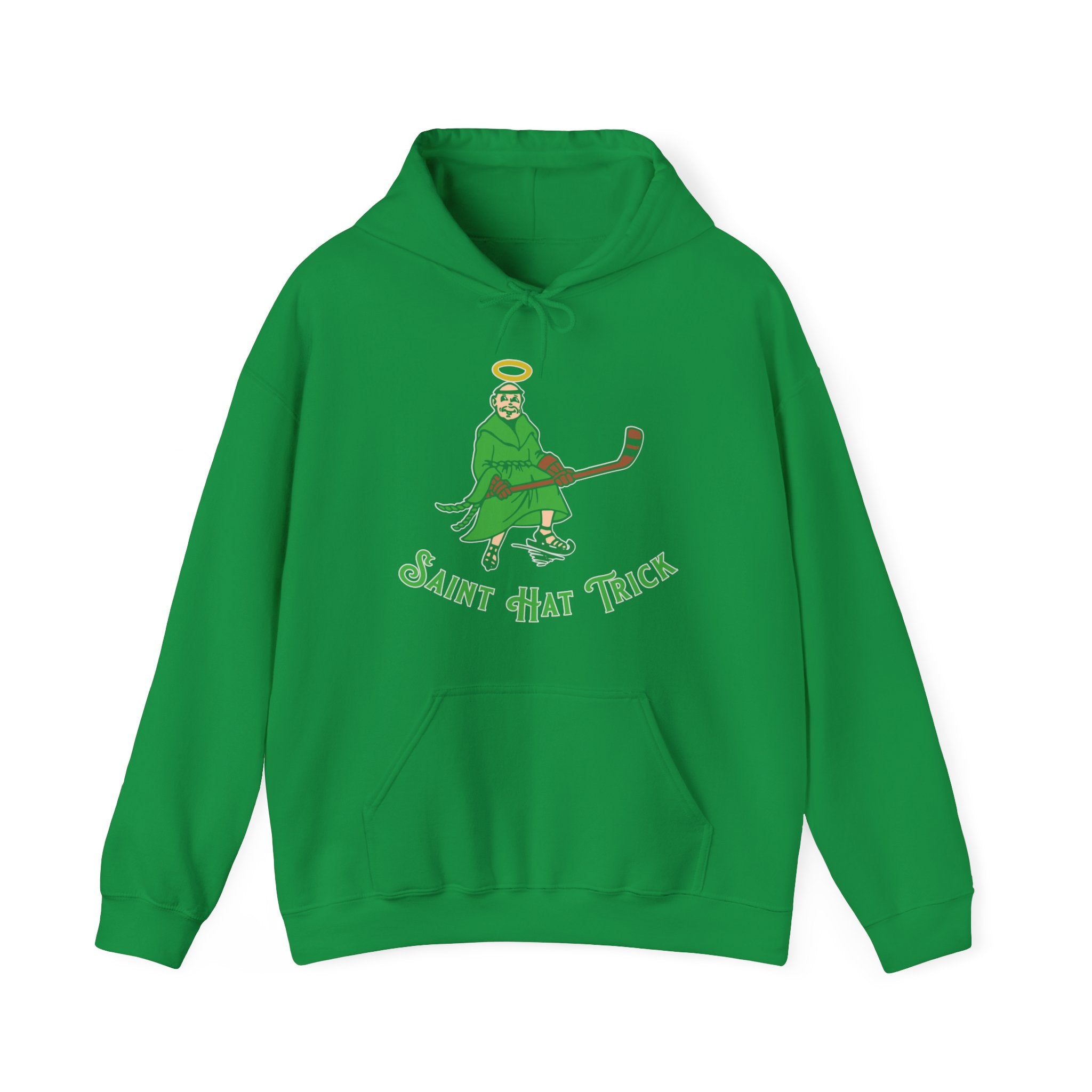 Saint Hat Trick Hooded Sweatshirt in irish green with the haloed monk skater in green with script on the front