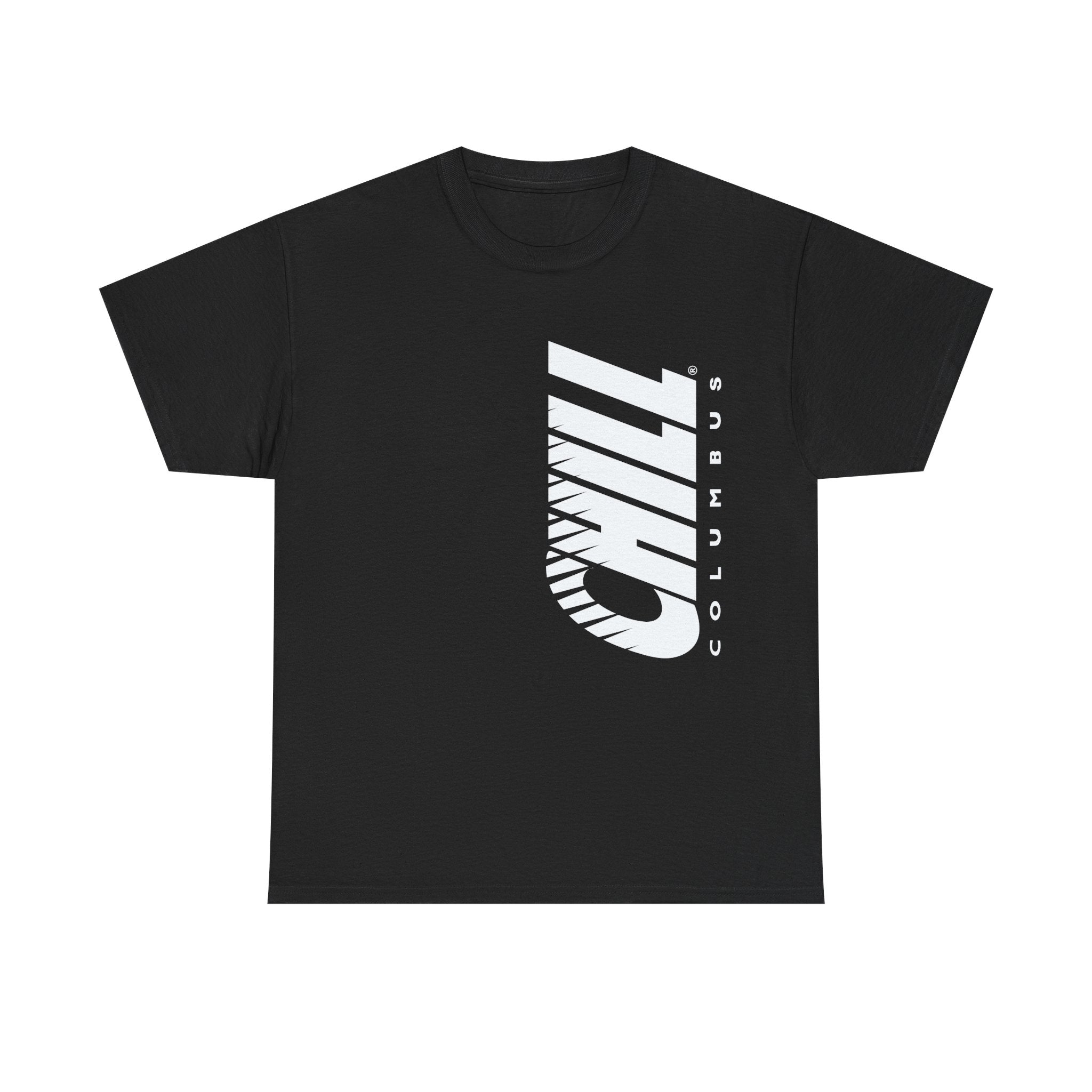 CLEARANCE Columbus Chill T-Shirt in black with the vertical white italic wordmark on the front