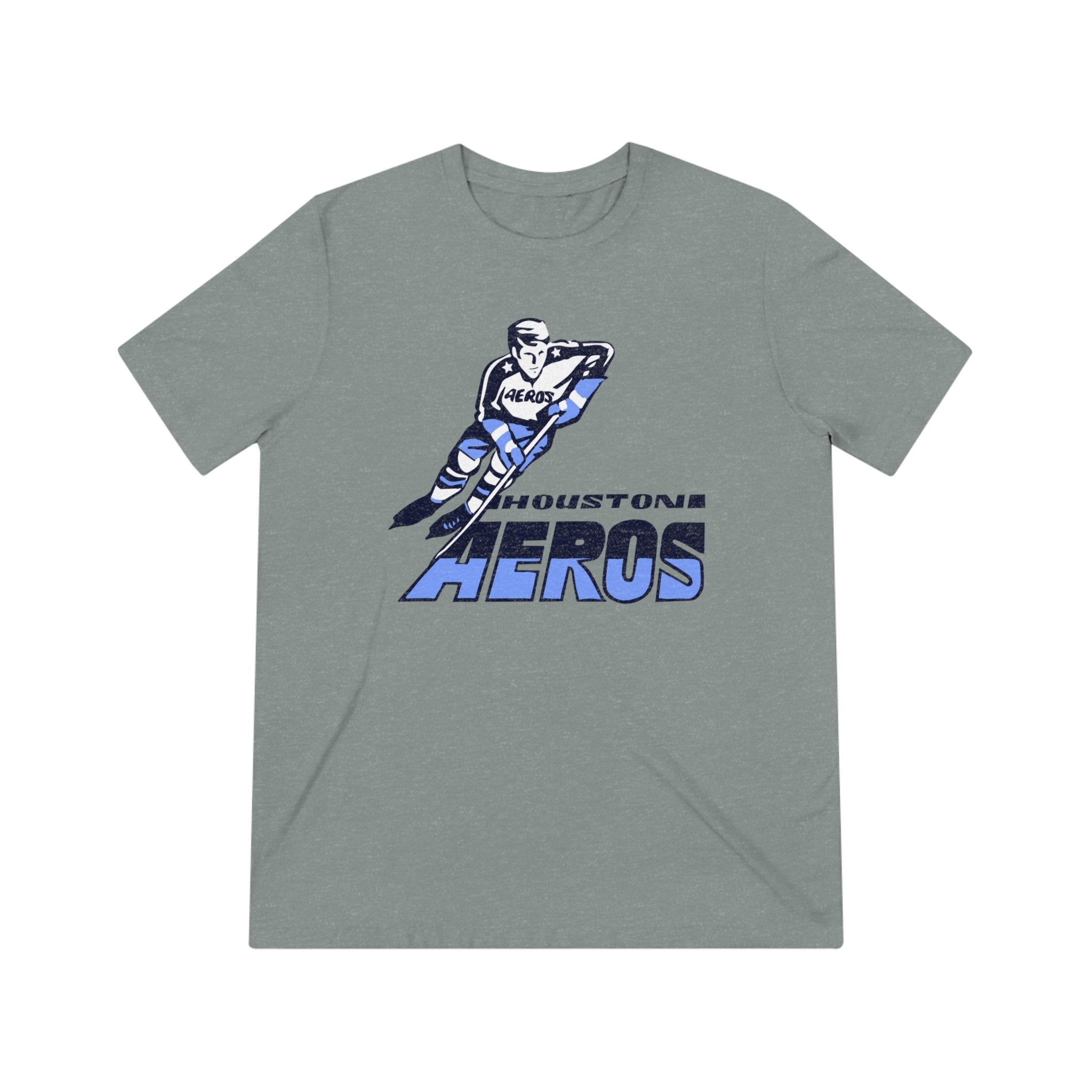 CLEARANCE Houston Aeros 1970s T-Shirt (Tri-Blend Super Light) in athletic grey triblend with the skater over a slanted blue wordmark on the front
