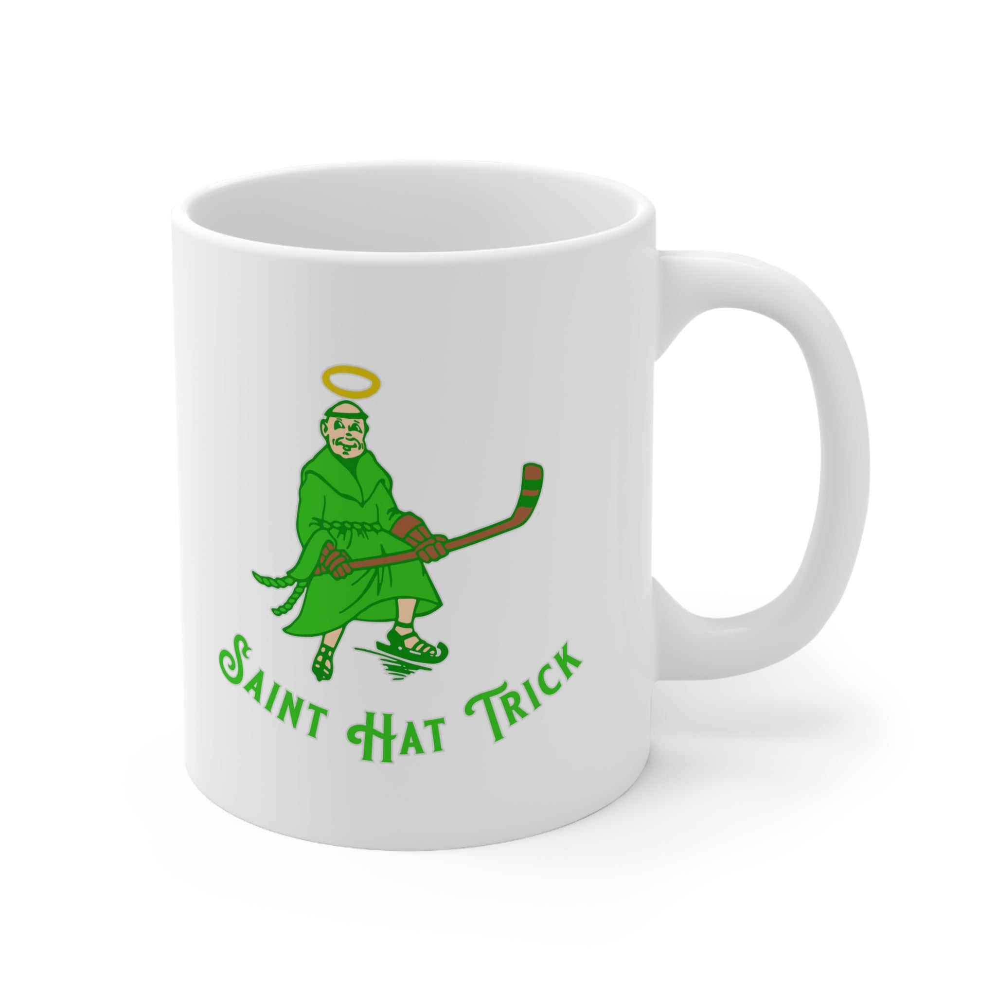 Saint Hat Trick Mug 11oz with the haloed monk skater in green with script, right side view