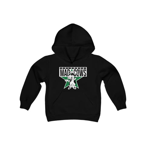 Columbus Mad Cows Hoodie (Youth) in black with the cartoon cow skater on a green star on the front