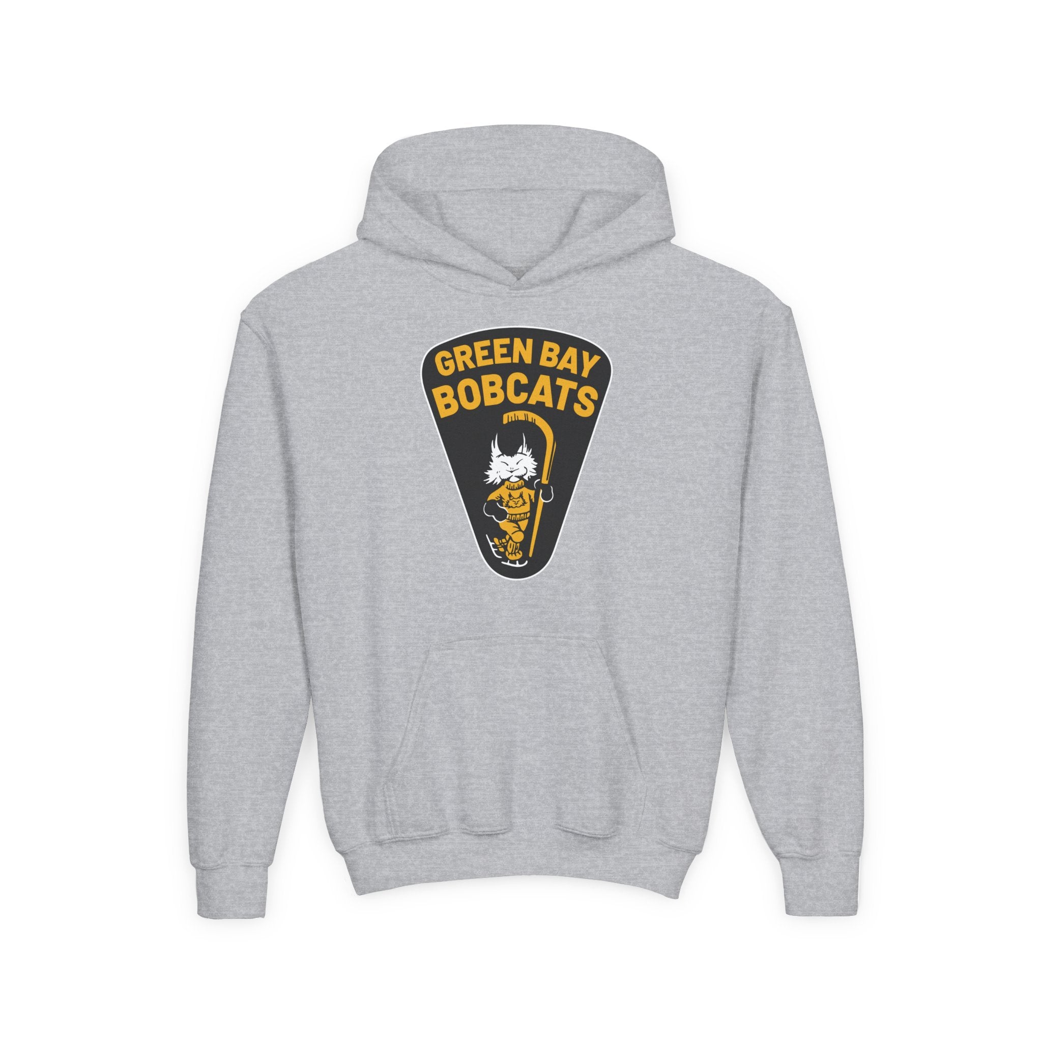 Green Bay Bobcats Hoodie (Youth) in sport grey with the cartoon bobcat skater on a black pennant on the front