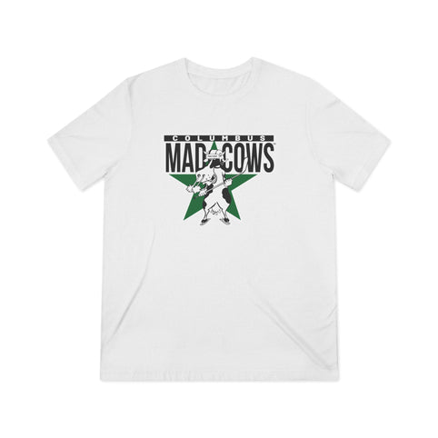 Columbus Mad Cows T-Shirt (Tri-Blend Super Light) with the cow skater on a green star with black lettering on the front, view 2