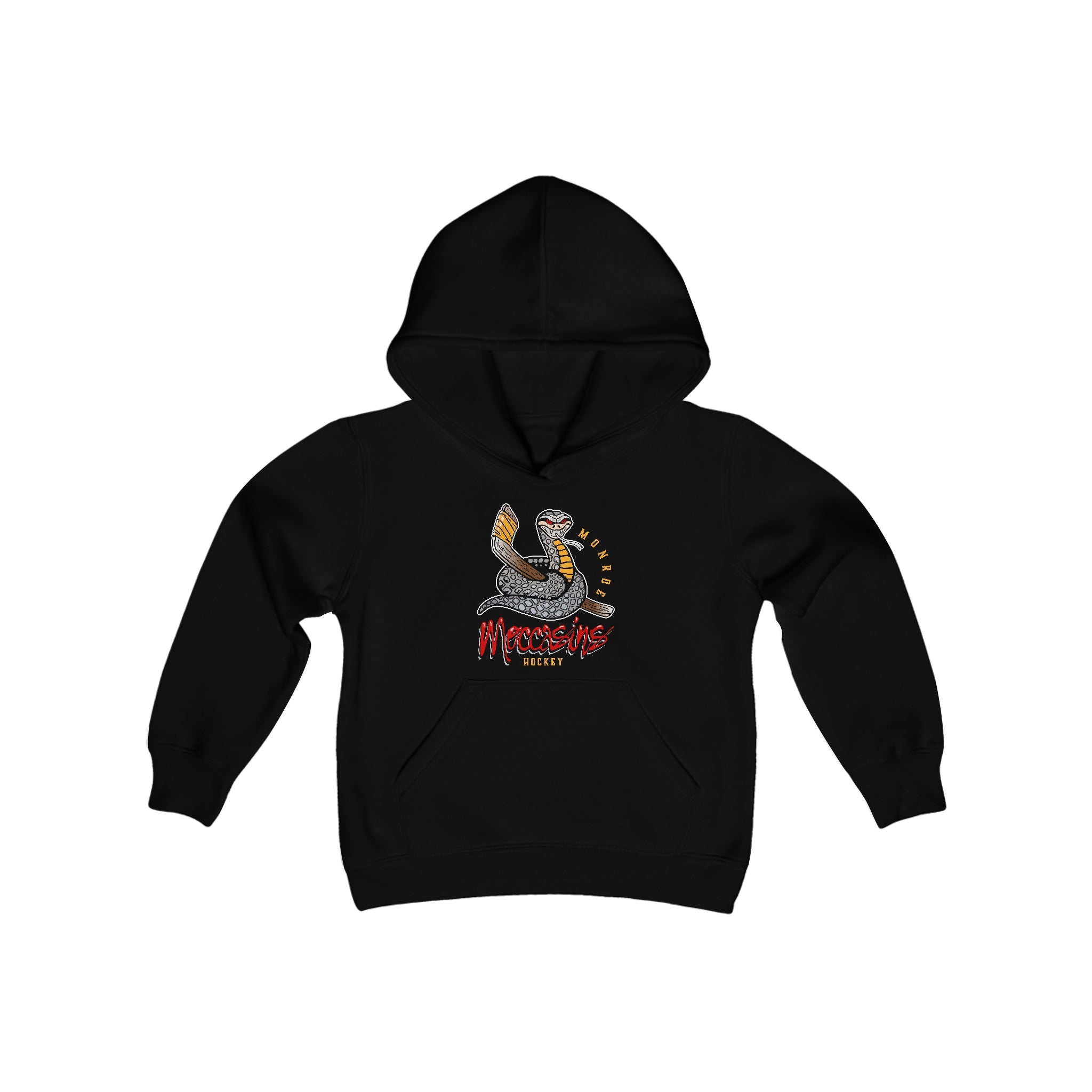 CLEARANCE Monroe Moccasins Hoodie (Youth) in black with the coiled snake with a stick over red script on the front