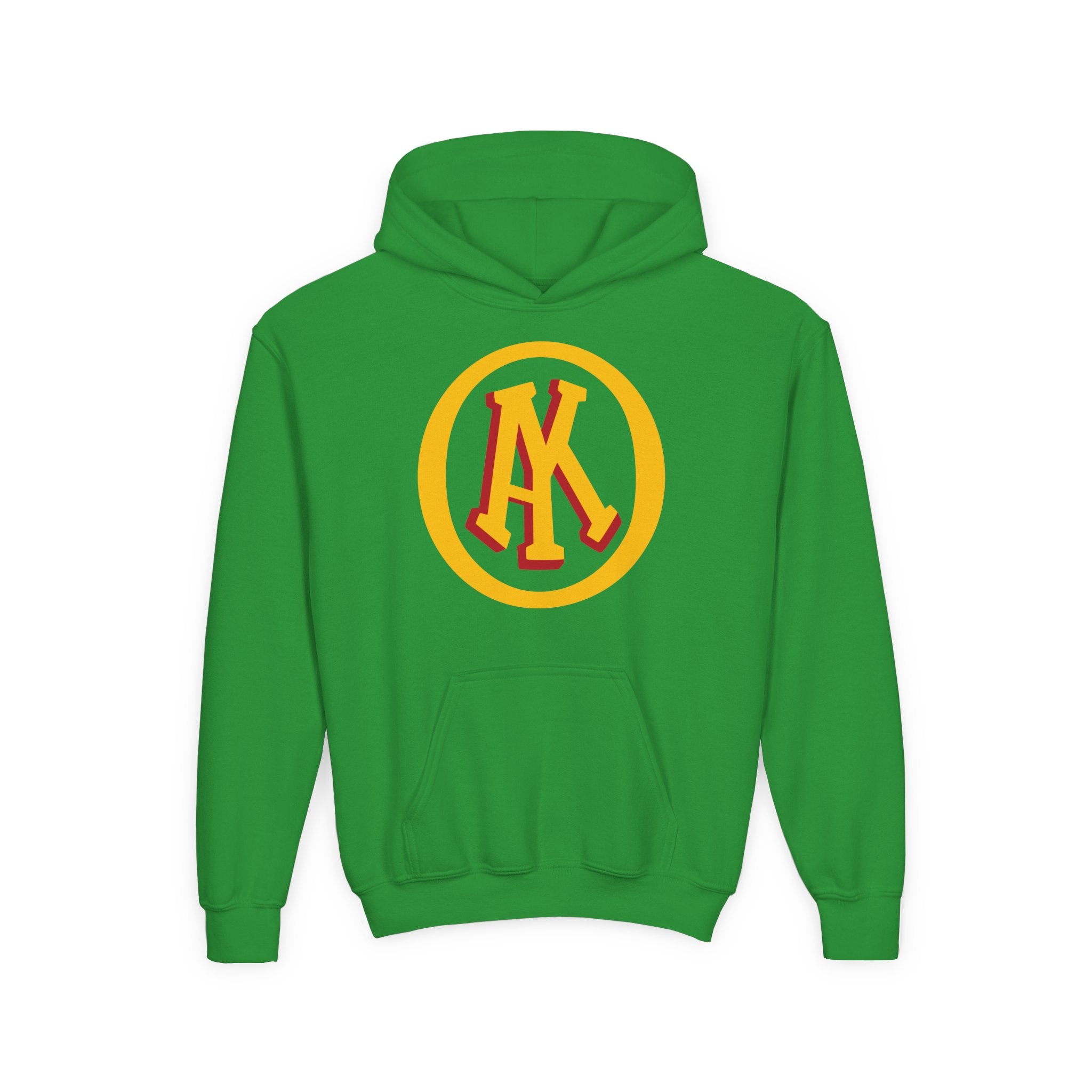 Omaha Knights 1940s Hoodie (Youth) in irish green with the gold and red AK monogram in a gold ring on the front