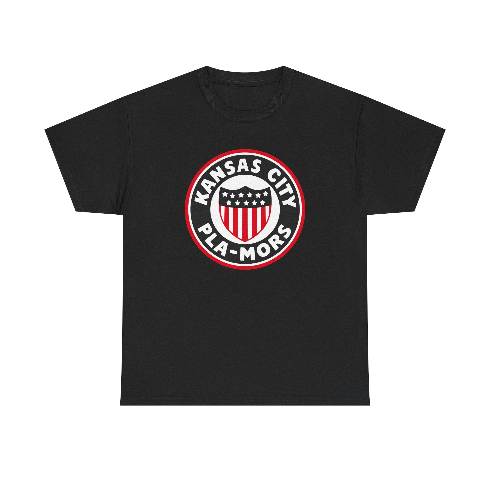 Kansas City Pla-Mors T-Shirt in black with the round logo with a stars-and-stripes shield on the front