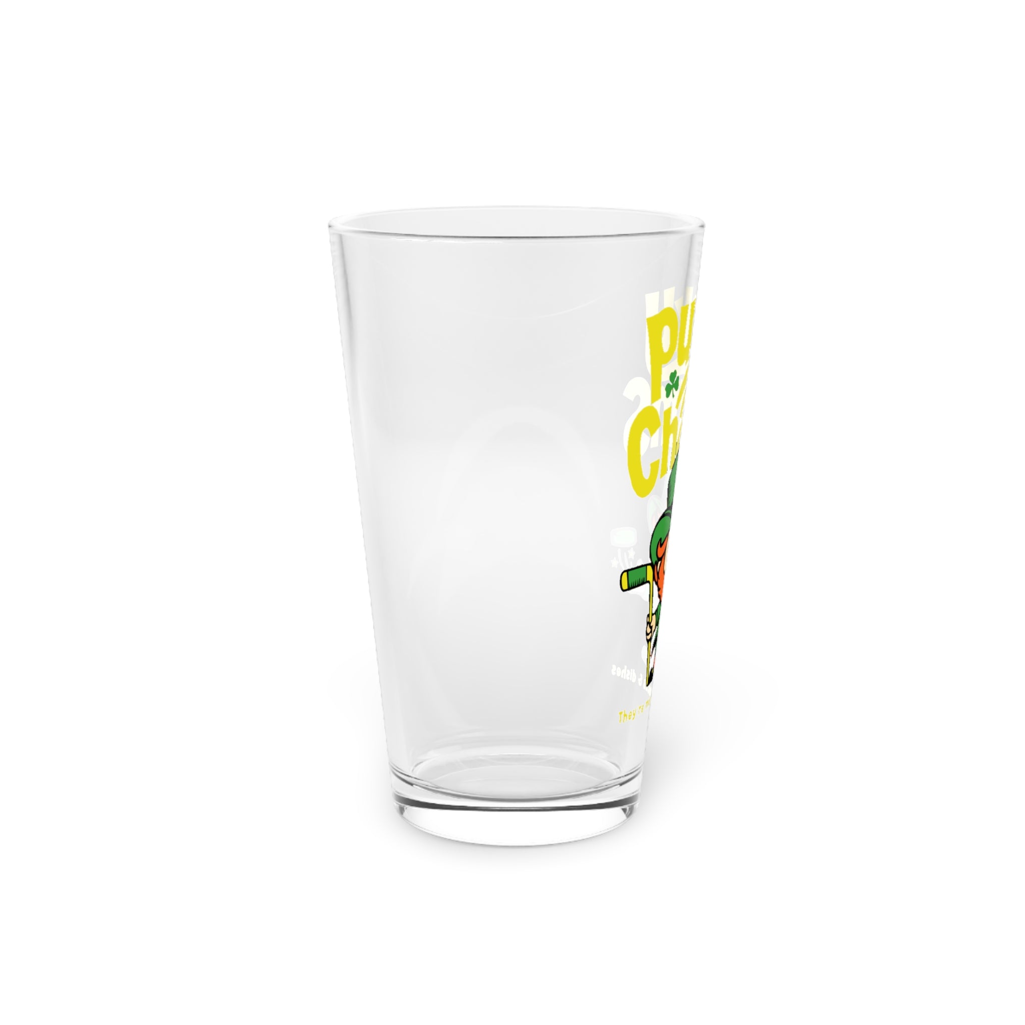 Pucky Charms Pint Glass, 16oz with the cartoon leprechaun with a stick and yellow lettering, left side view