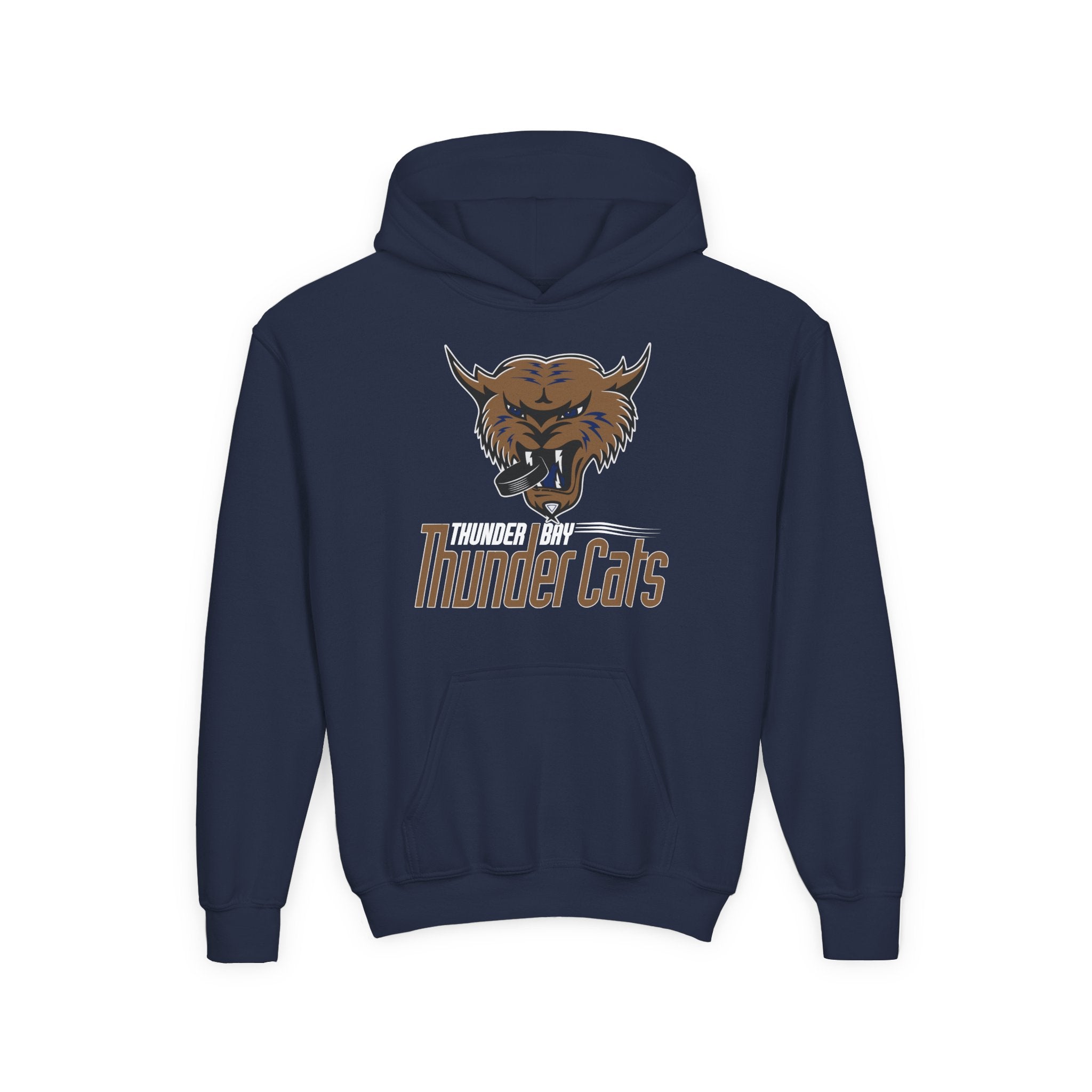 Thunder Bay Thunder Cats Hoodie (Youth) in navy with the snarling brown wildcat biting a puck on the front
