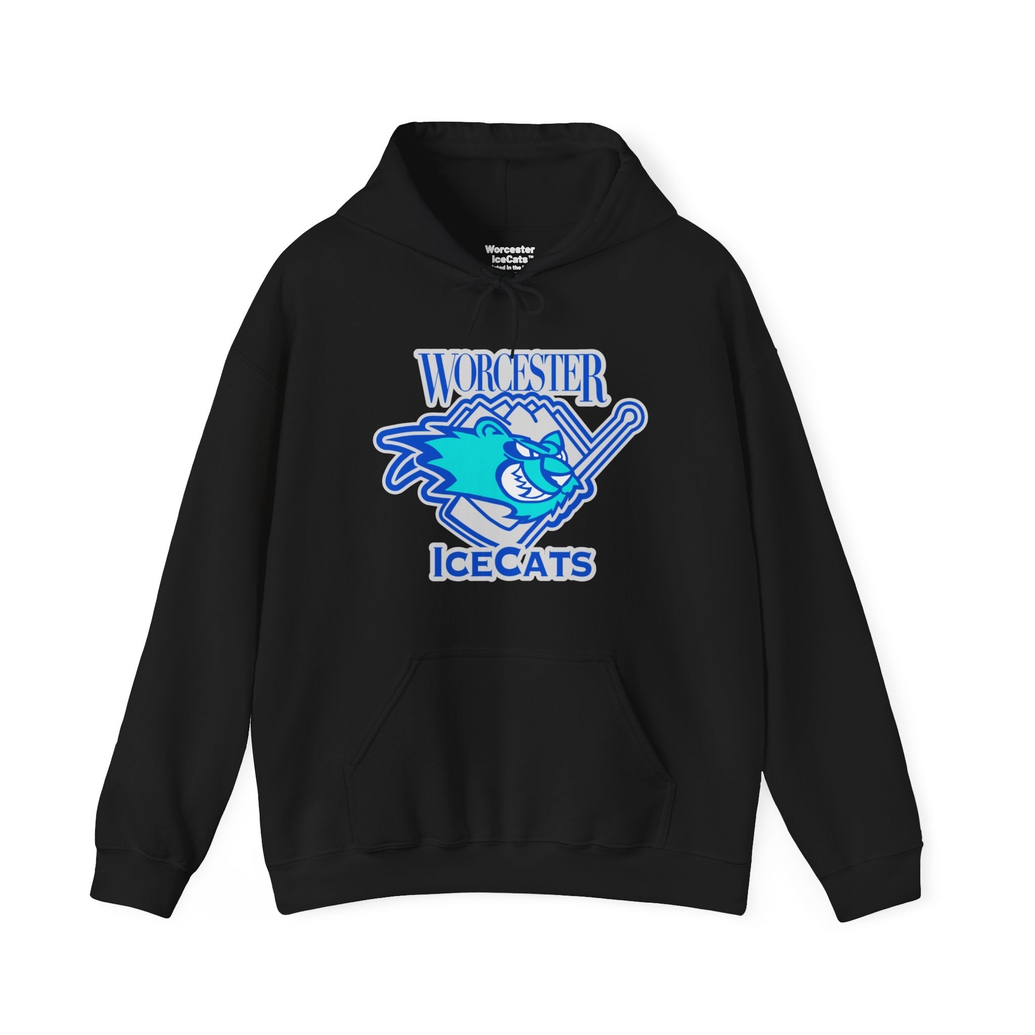 CLEARANCE Worcester IceCats Hoodie in black with the blue cat with a stick and script lettering on the front