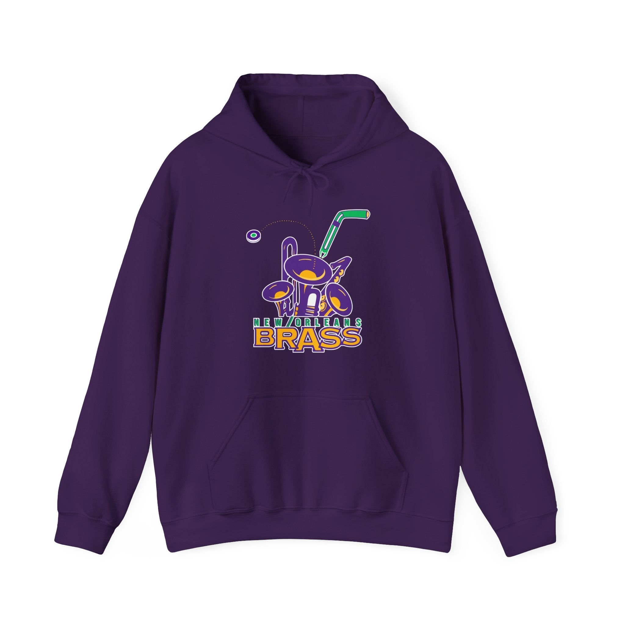 CLEARANCE New Orleans Brass Hoodie in purple with the purple horn-shaped mascot with a green stick on the front