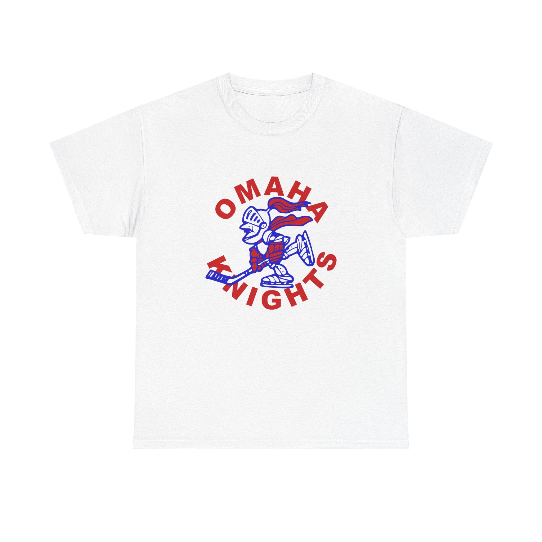 Omaha Knights 1960s T-Shirt in white with the cartoon knight skater in blue with red lettering on the front
