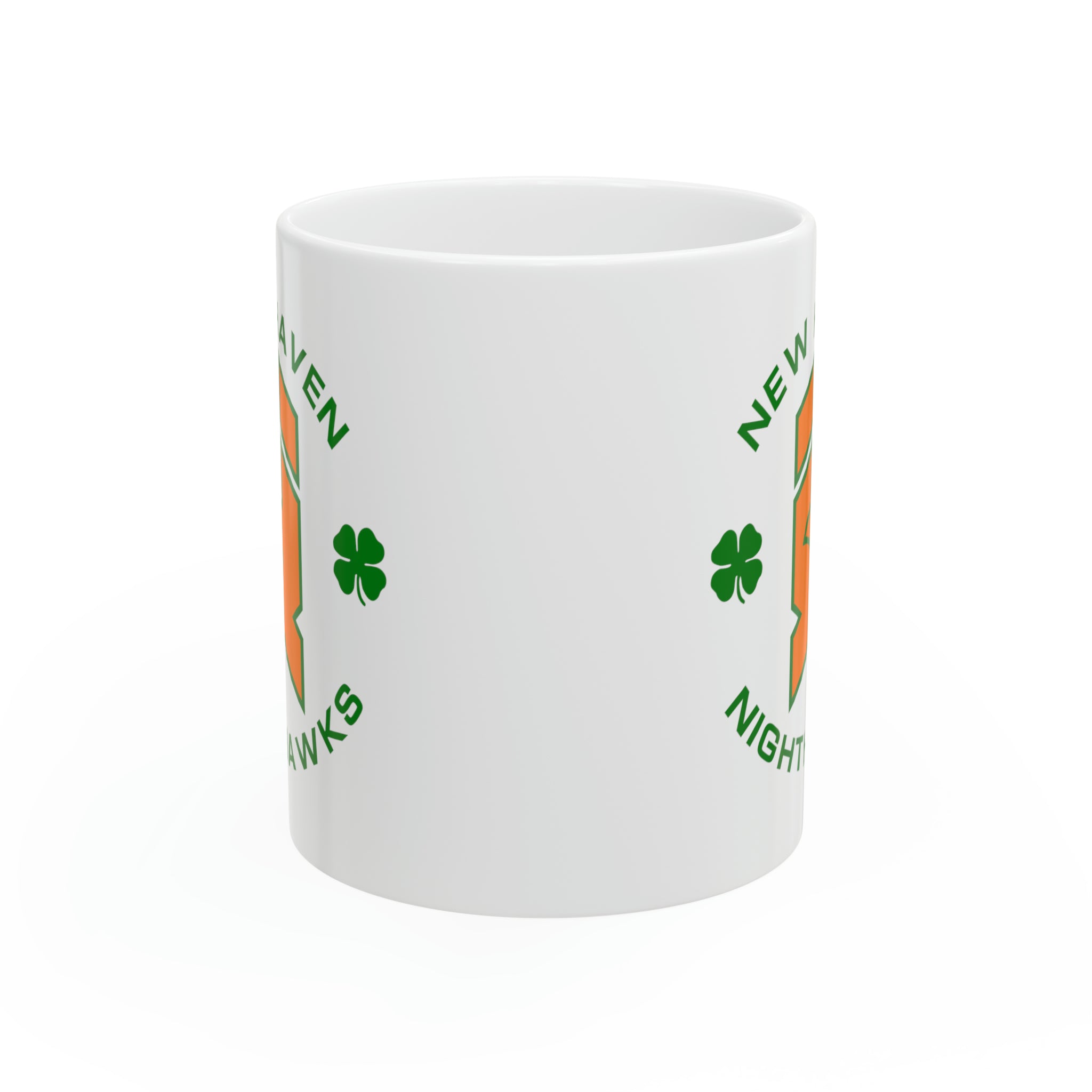 New Haven Nighthawks Irish Mug, 11oz with the orange hawk logo with green shamrocks
