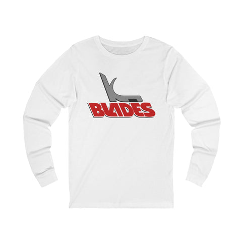 Kansas City Blades Long Sleeve Shirt with the grey skate outline over red block lettering on the front, view 2