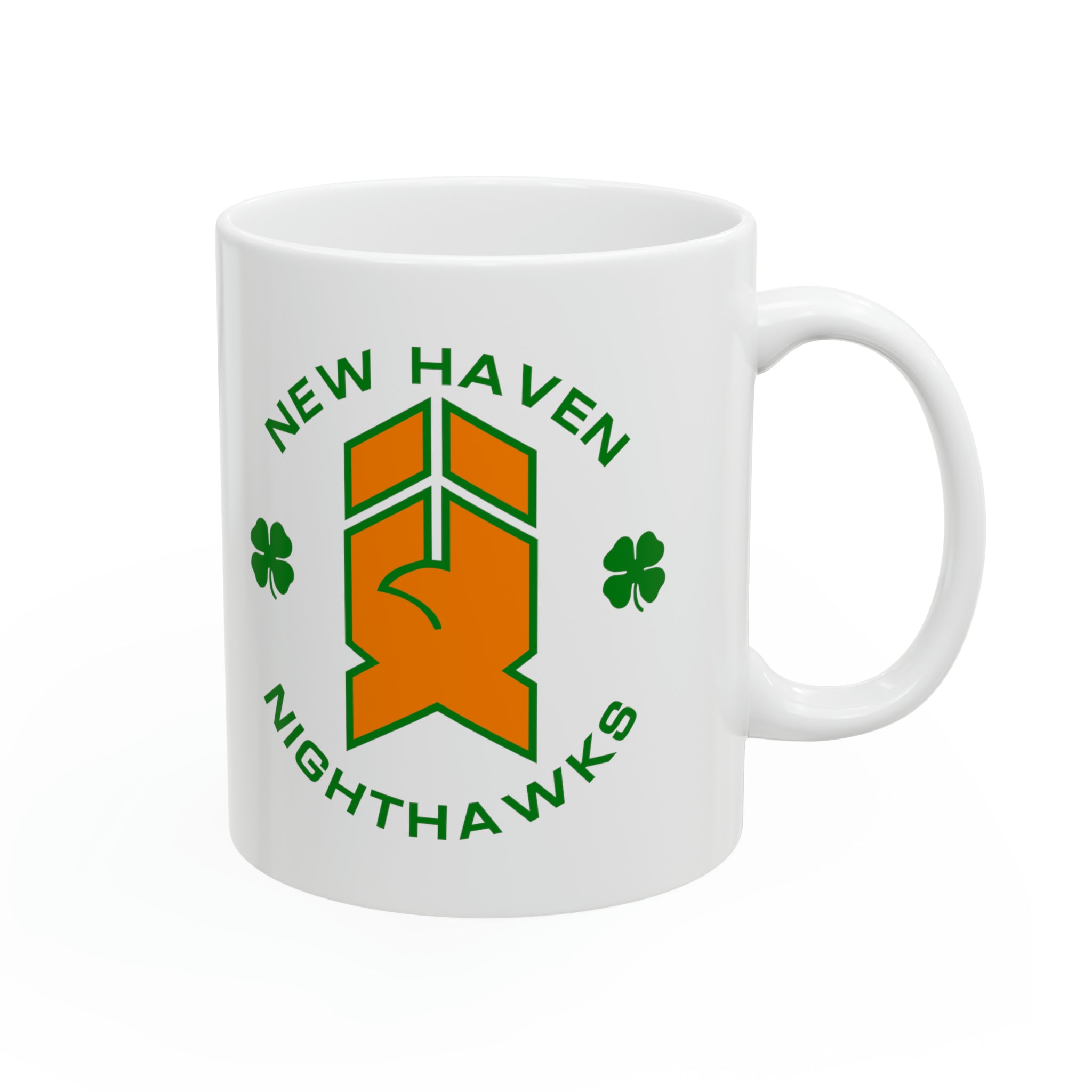 New Haven Nighthawks Irish Mug, 11oz with the orange hawk logo with green shamrocks, right side view