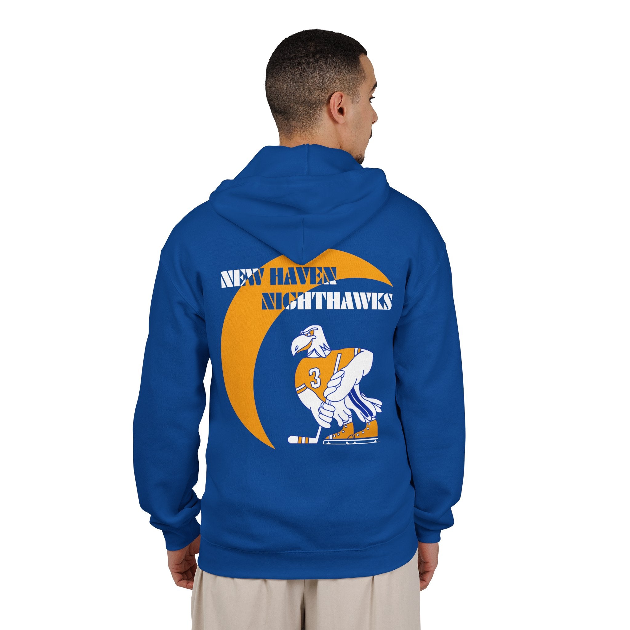 New Haven Nighthawks 1970s Hoodie (Zip) in royal, worn by model, back with the cartoon hawk skater with a gold crescent moon