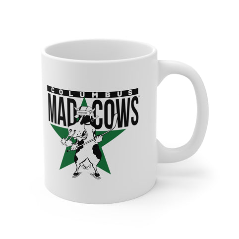 Columbus Mad Cows Mug 11 oz with the cartoon cow skater on a green star, right side view