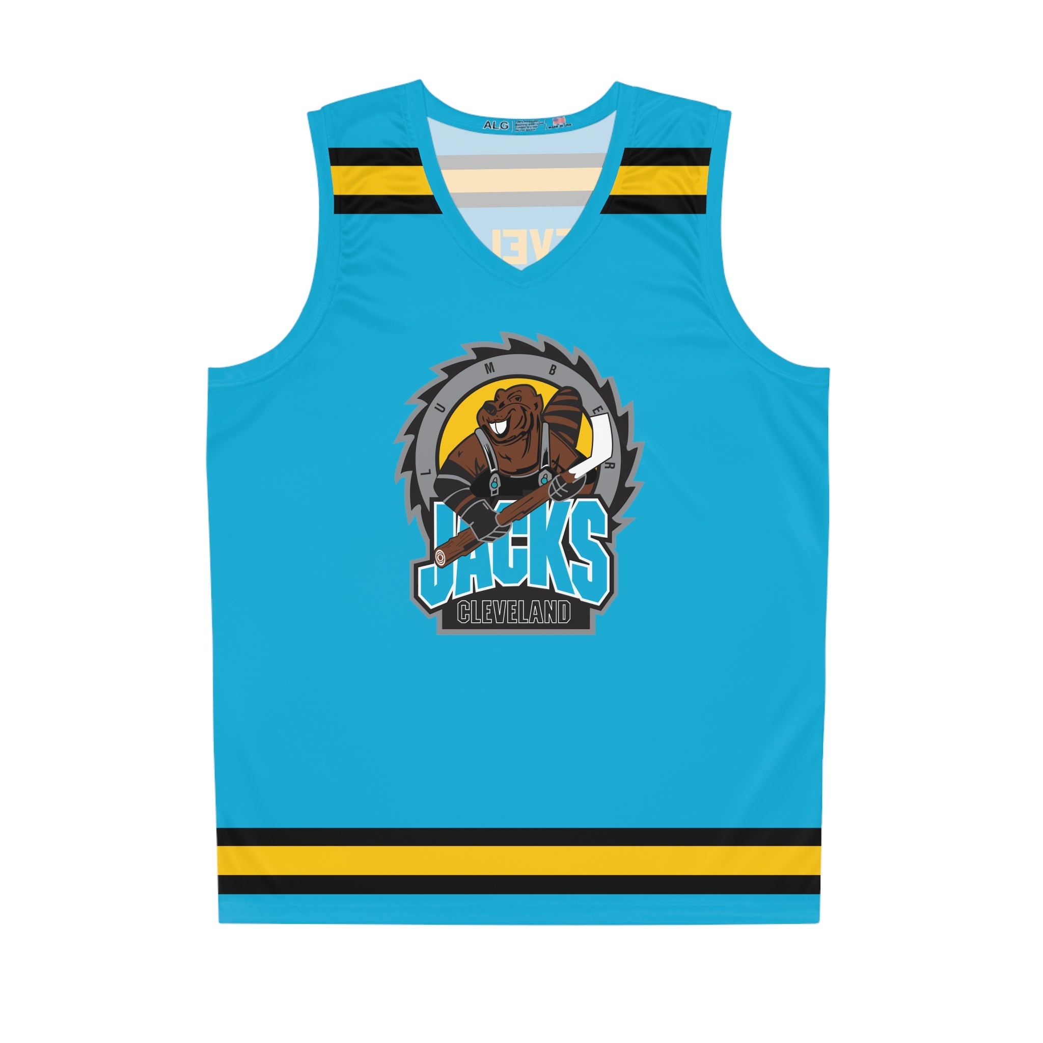 CLEARANCE Cleveland Lumberjacks Tank Top in blue with the beaver in a saw blade with yellow stripes on the front
